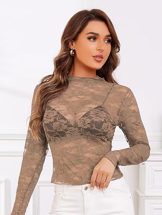 Donnalla Women Mesh Floral Lace Long Sleeve Tops Sexy See Through Layering Undershirt Blouse Crew Neck Sheer Casual Shirts