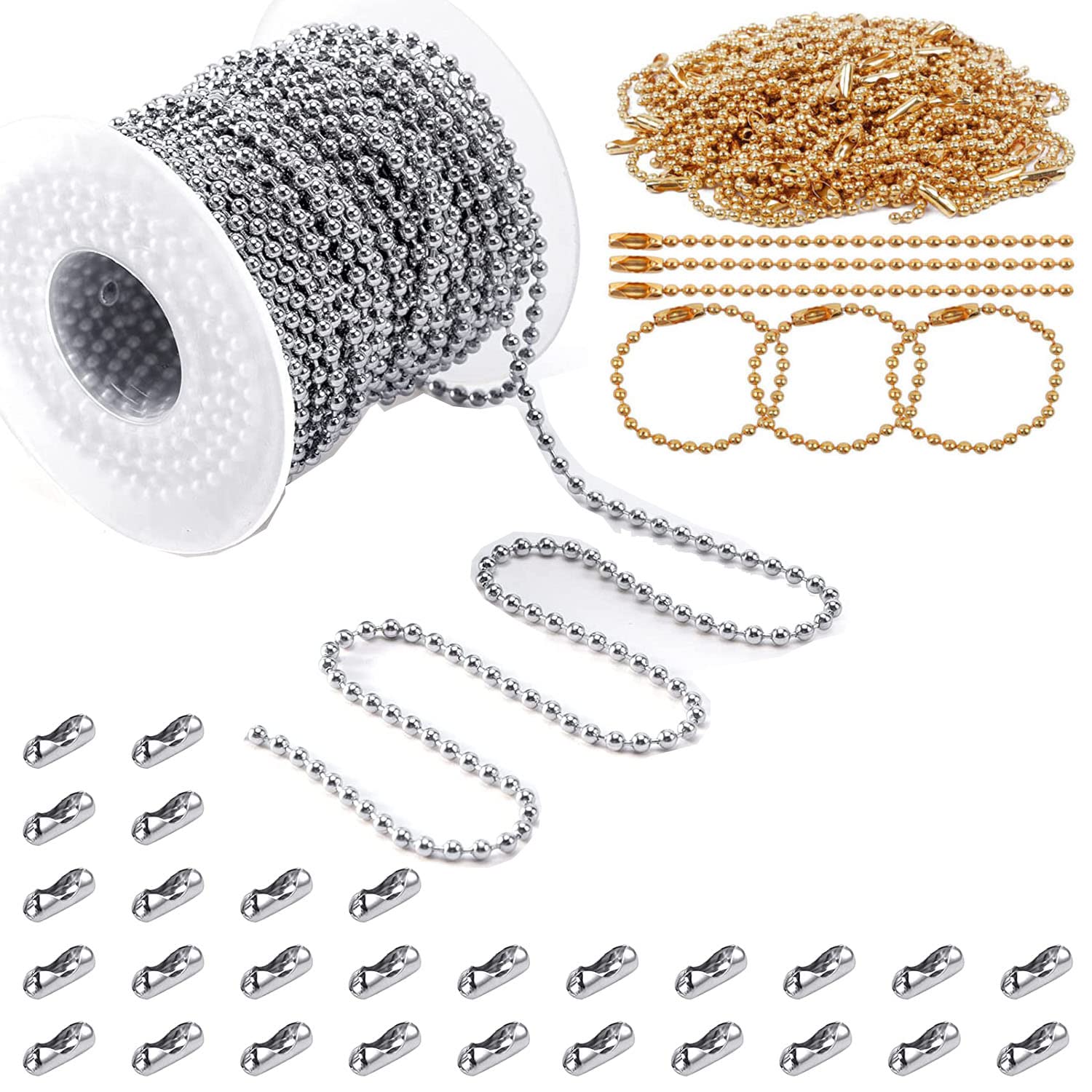 DIY Crafts 2 Meter 40 Connector, Antique Gold, Stainless Steel Ball Bead Chain 2.4 mm Adjustable Pull Chain Bead, Beaded Roller Chain with Ma (2 Meter 40 Connector, Antique Gold)