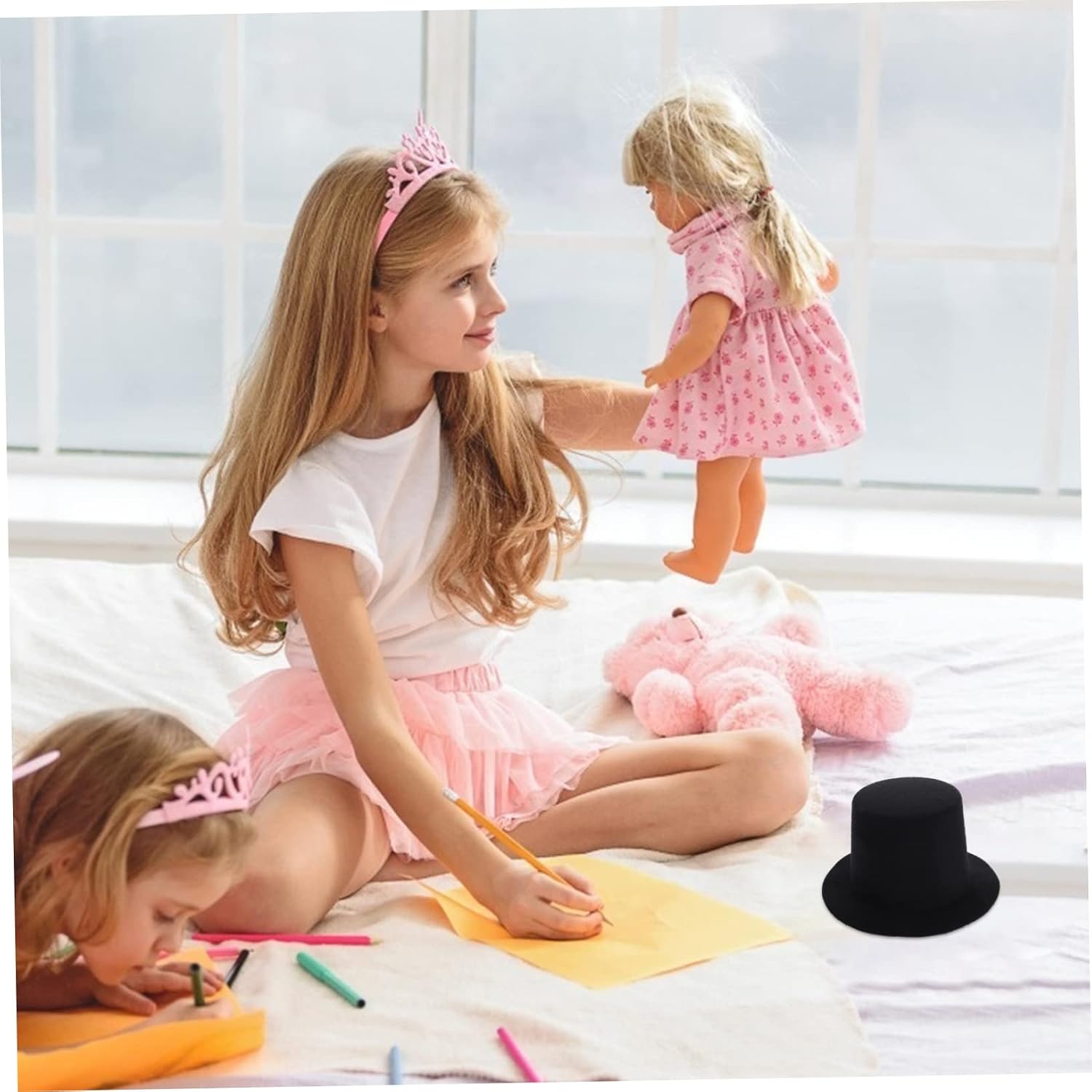 LABRIMP Mini Top Hats for Dolls 4 Pcs Black Felt Miniature Hats 5.31 Inch DIY Craft Accessories for Doll Costumes Handmade Decoration