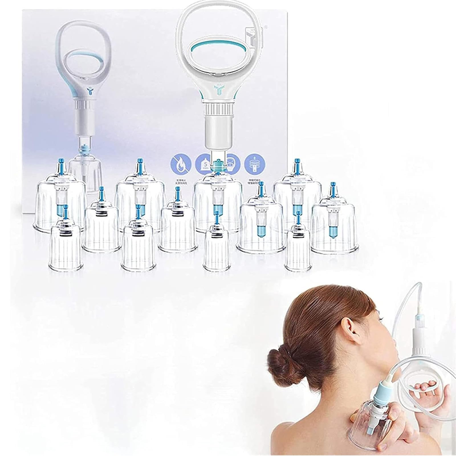 Set per Coppettazione Cinese, Set per Coppettazione, 24 Ventose per Vuoto con Impugnatura di Pompaggio per Uso Domestico o in Salone