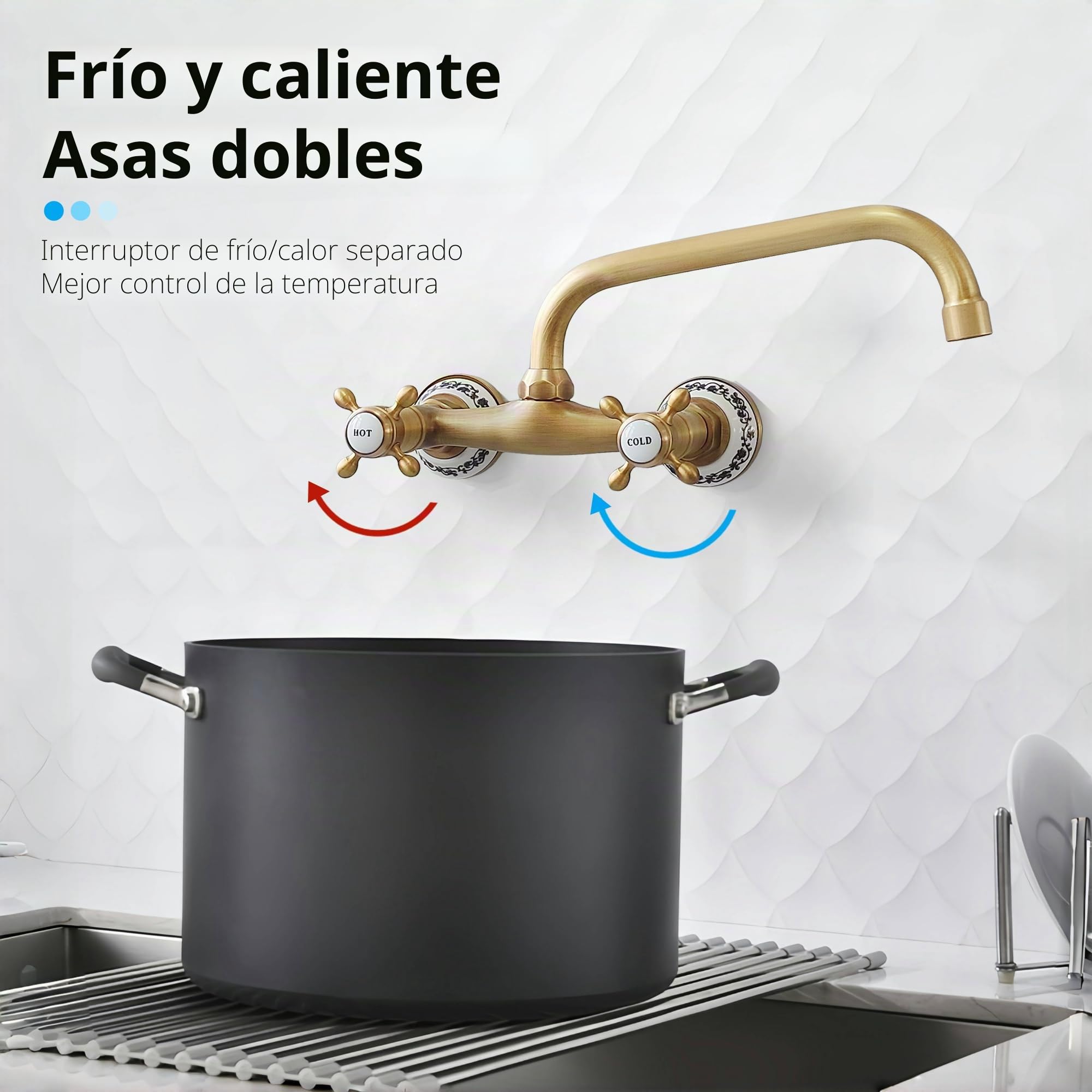 Grifo Cocina Pared Latón Antiguo Dos Manijas con Decoración Cerámica