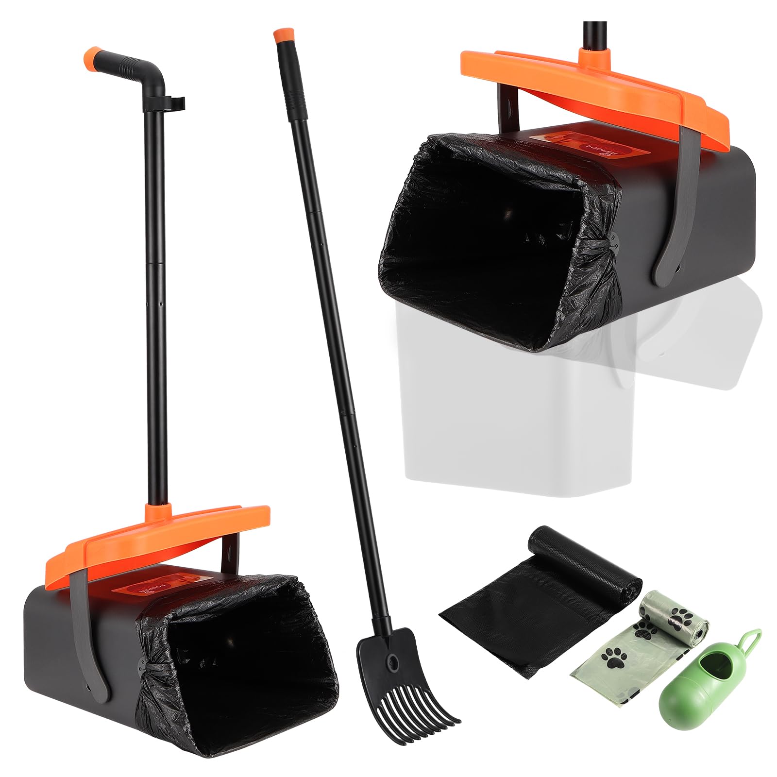 Kyrio Dog Poop Scooper, Portable Pooper Scooper, Swivel Bin and Rake Kit with Waste Bags, Length Handle, for Yard Grass, Garden, Gravel