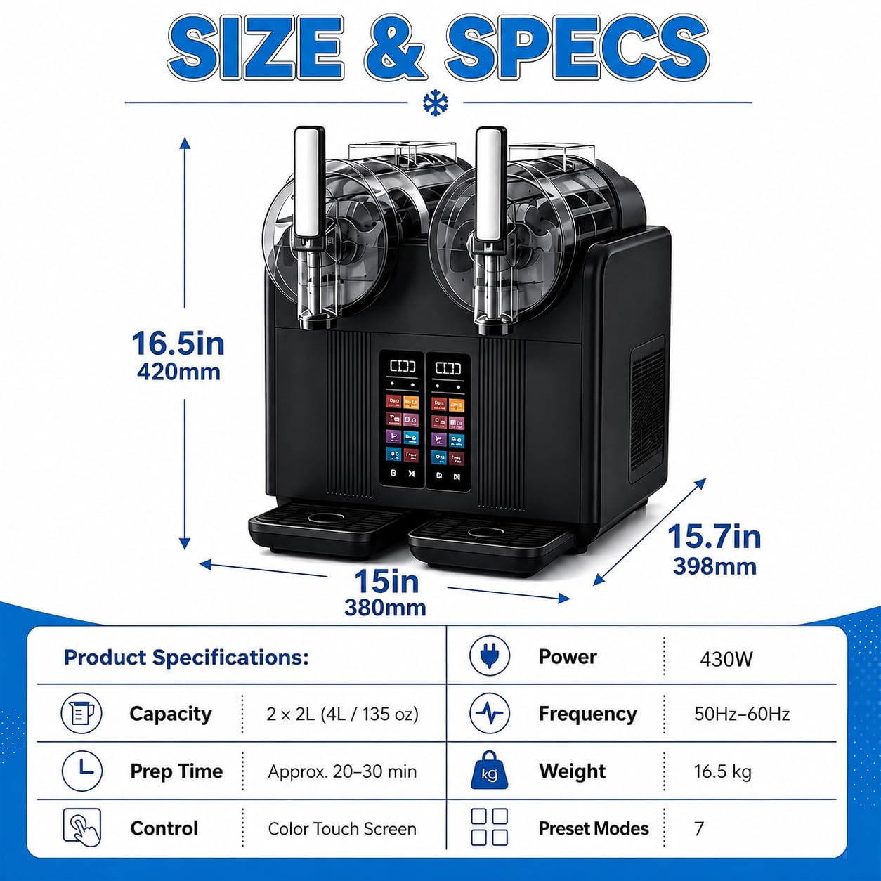 Granizadora 430 W de Doble Depósito 2 x 2 L para Helado Suave Black | Ofrece 7 modos automáticos, textura regulable y pantalla táctil HD con pausa, inicio y bloqueo infantil