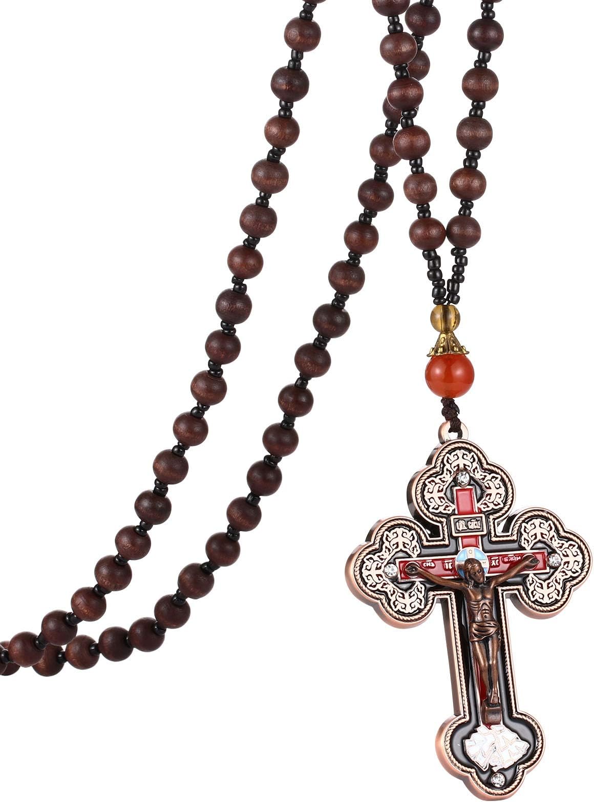 Wood Rosary Beads Cross Necklace Men Prayer Orthodox Crucifix Jesus Pendant Necklace