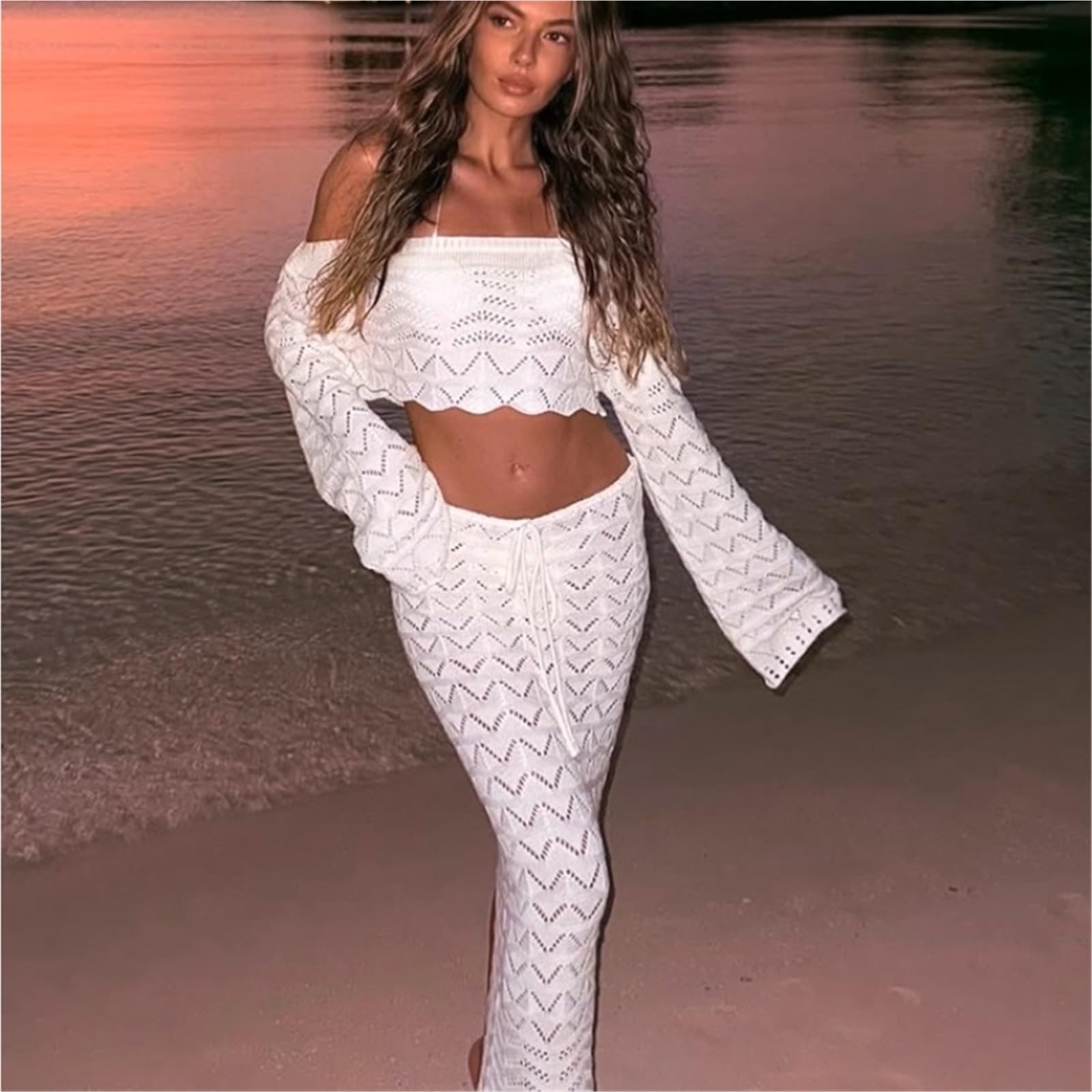Copri Costume Mare Donna Copricostume bikini manica lunga top corto coulisse gonna corta spiaggia donna costume da bagno estivo