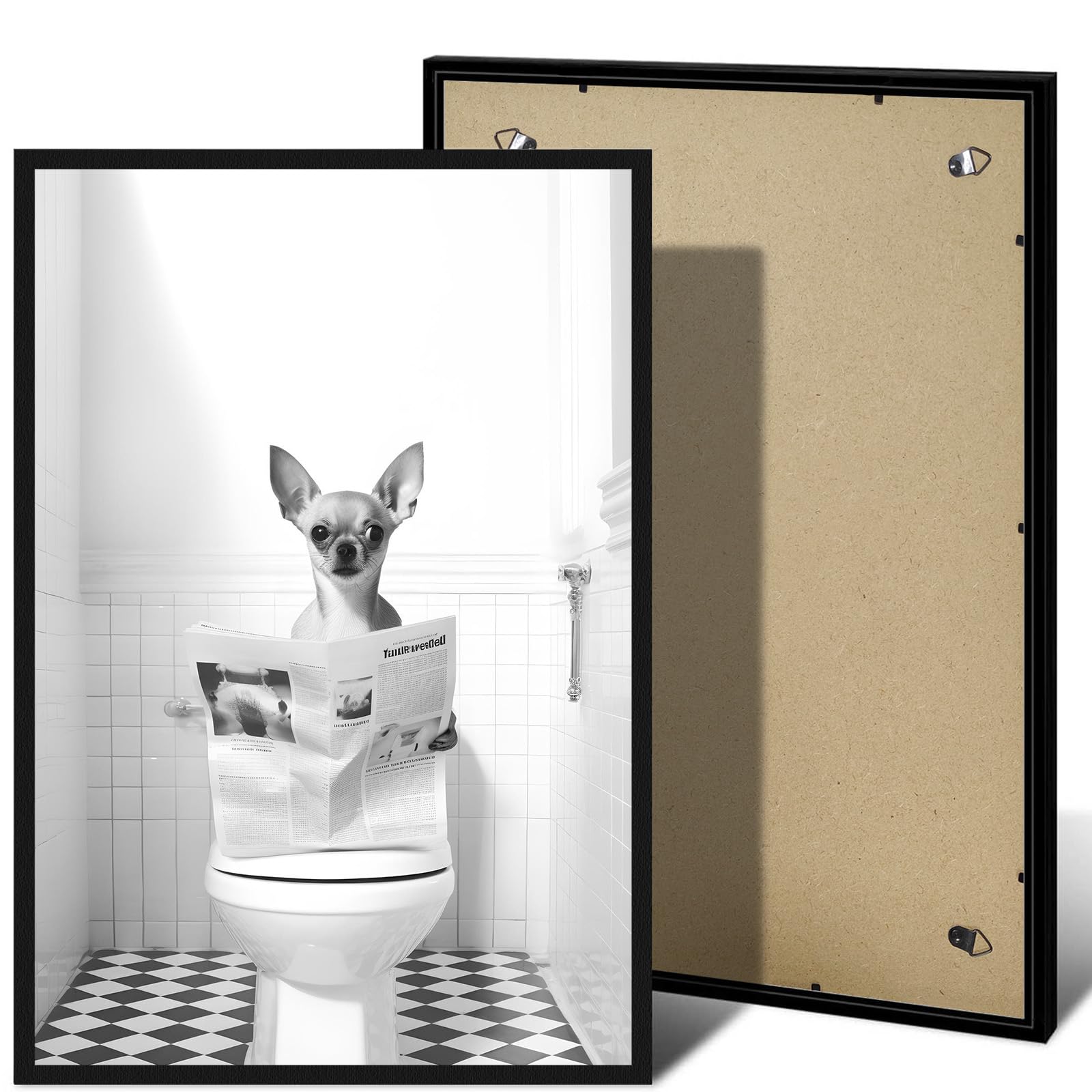 Chihuahua in Toilet Read Newspaper Black Bathroom Wall Decor Funny Farmhouse Posters Print Canvas Art Frames Suitable for Home Bedroom Decor Black