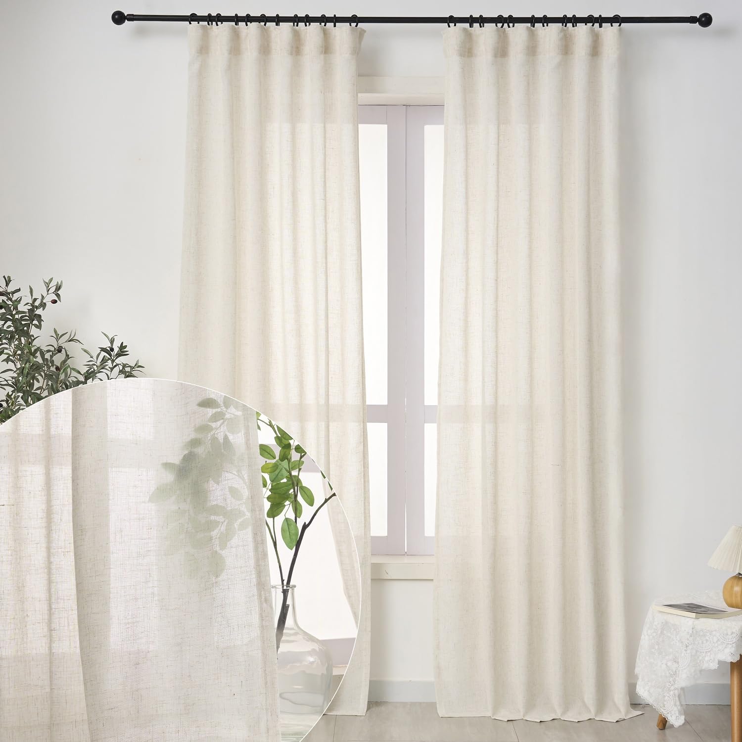 Faux Linen Curtains 96 Inches Long 2 Panels Set 96 Inch Curtains Neutral Semi Sheer Curtains Light Filtering Curtains Drapes Textured Cream Natural | Hook Pleated & Back Tab & Rod Pocket