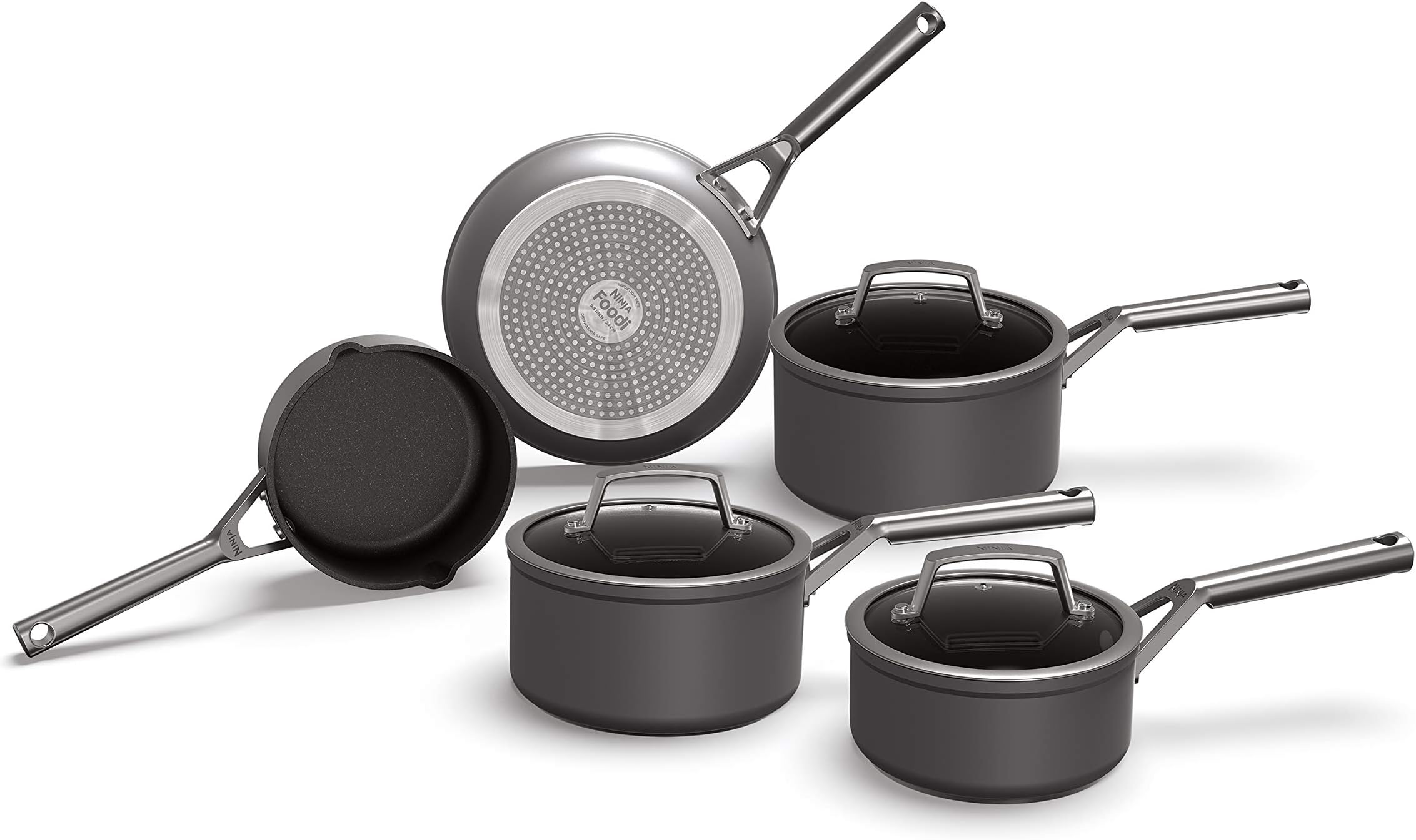 Ninja ZEROSTICK Premium 5-Piece Pan Set, Long Lasting Non-Stick, 3x Saucepans with Glass Lids, 1x Milk Pan, 1x Frying Pan, Hard Anodised Aluminium, Induction Compatible, Grey C35000UK