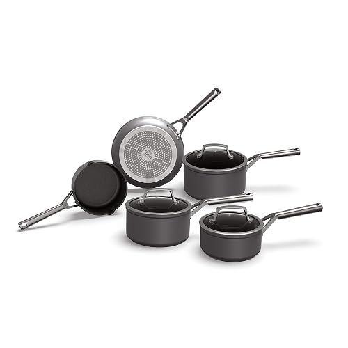 Ninja ZEROSTICK Premium 5-Piece Pan Set, Long Lasting Non-Stick, 3x Saucepans with Glass Lids, 1x Milk Pan, 1x Frying Pan, Hard Anodised Aluminium, Induction Compatible, Grey C35000UK - 5-Piece Pan Set