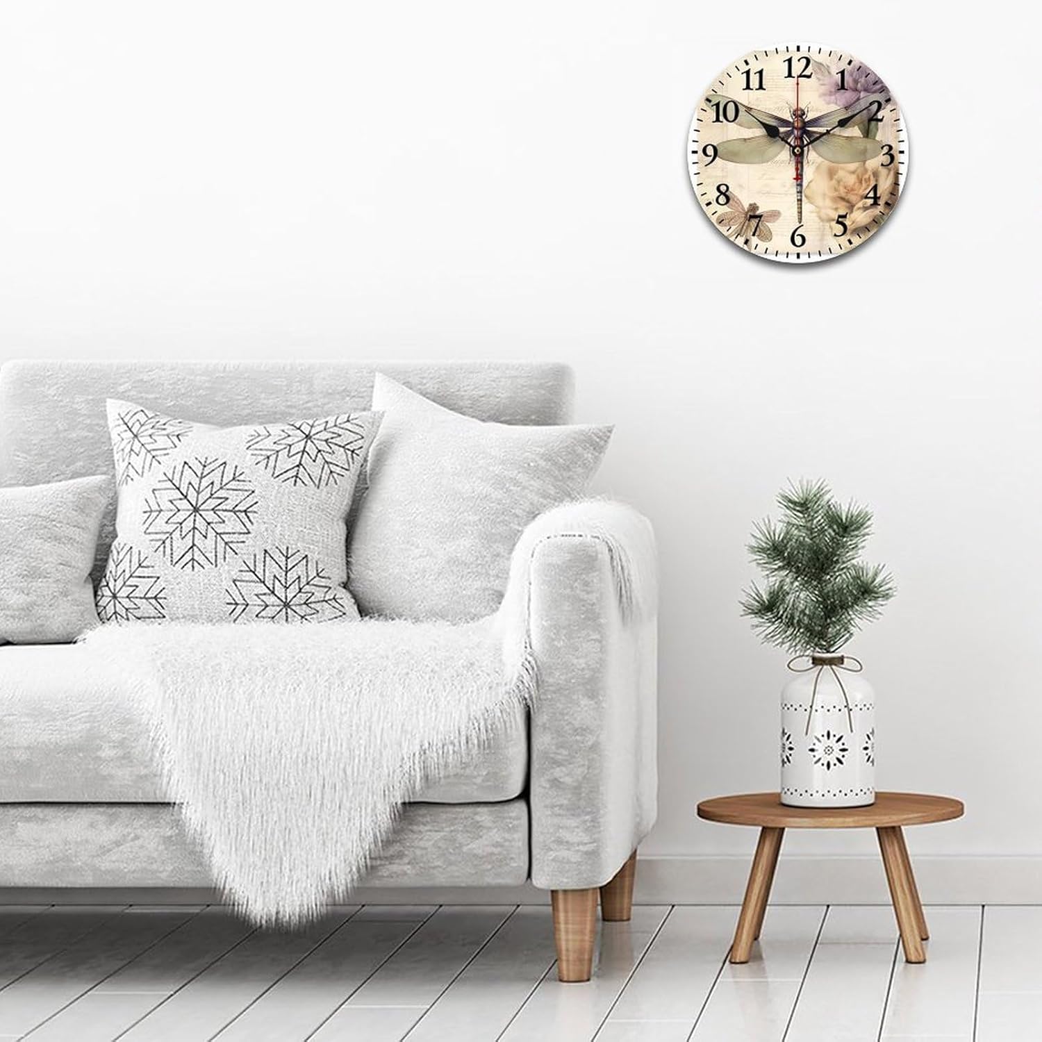 16 Inch Clock French Farmhouse Vintage Floral Dragonfly Decorative Clock Battery Operated Silent Arabic Numeral Vintage French Dragonfly Country Style Wooden Wall Clock Home Office School