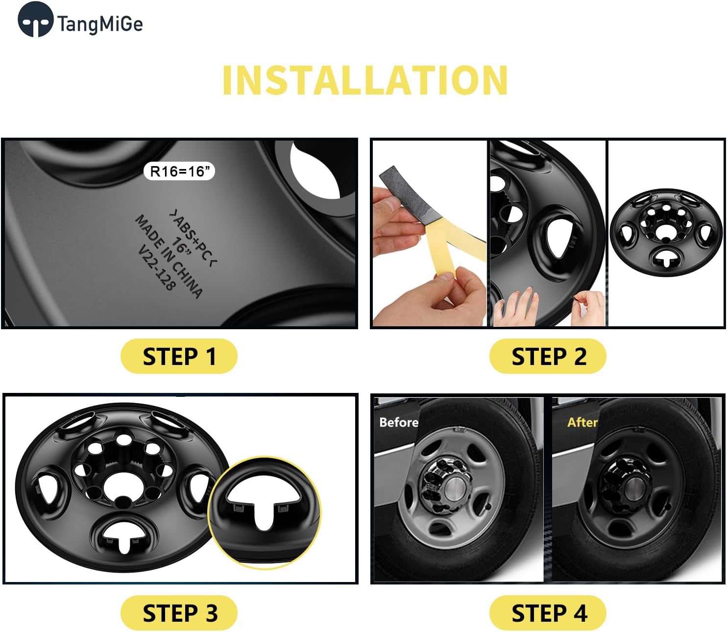TangMiGe 4-Pack Wheel Skins Compatible with 15-25 Chevy Express 2500 3500, 03-14 Chevrolet Express G1500 G2500 G3500 H1500, 03-14 GMC Savana G1500 G2500 G3500. 16 inch 16" (Bright Black)