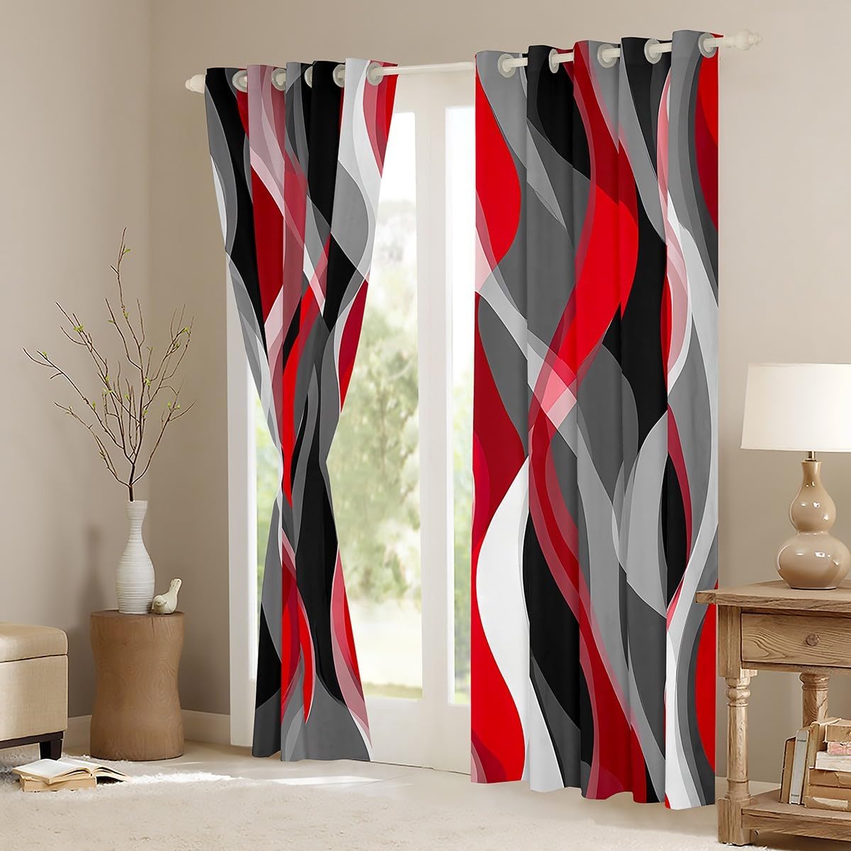 Feelyou Red Grey Black Stripes Curtains for Bedroom Living Room (2 Panels, 42 x 63 Inch) Kids Geometric Blackout Curtains Geometric Darkening Dreapes Modern Striped Art Abstract Art Window Treatments