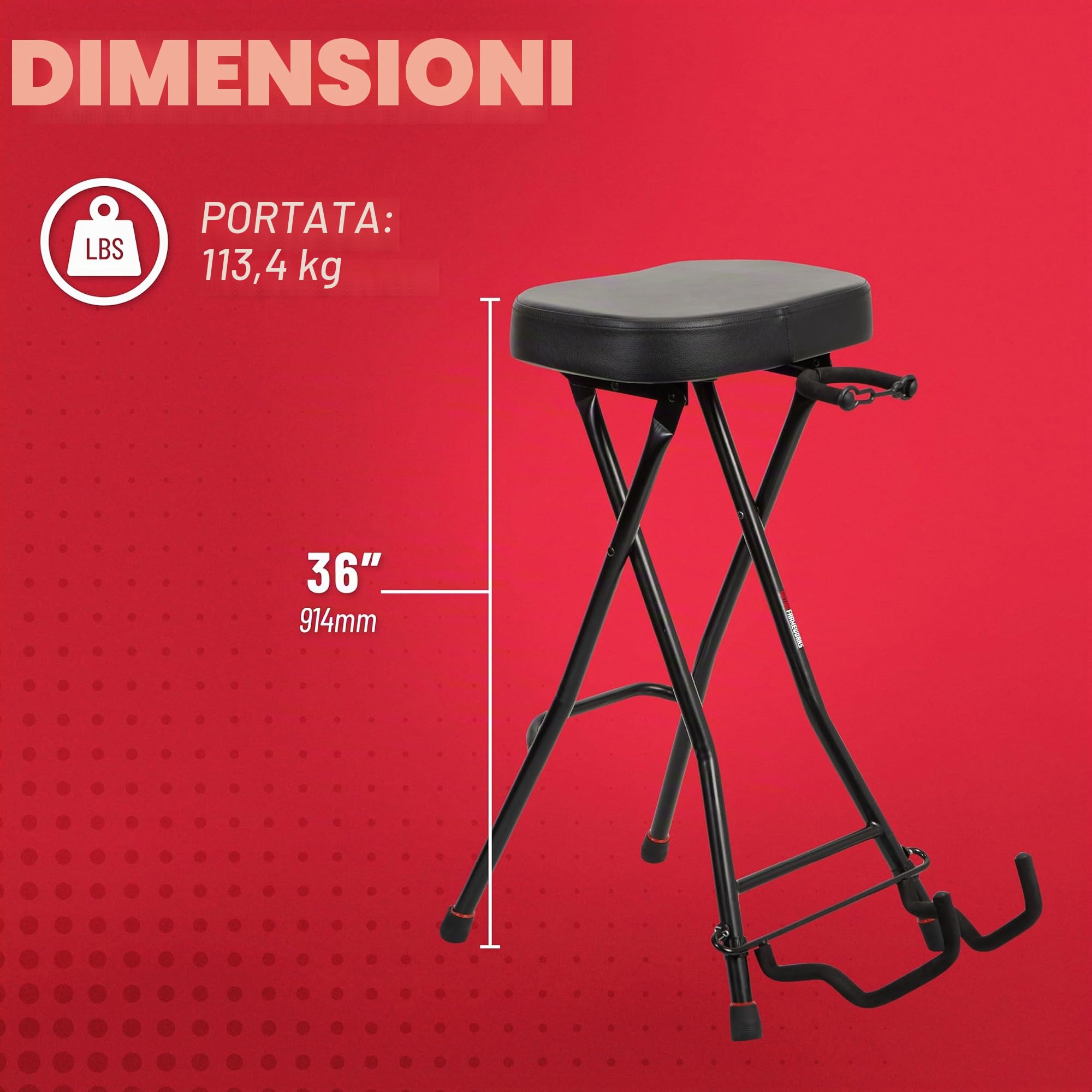 Gator Frameworks – Sgabello per Chitarrista con Supporto Integrato, Altezza 71 cm, Portata 113 kg, Seduta Imbottita, Pedana Poggiapiedi, Pieghevole, Nero (GFW-GTRSTOOL)