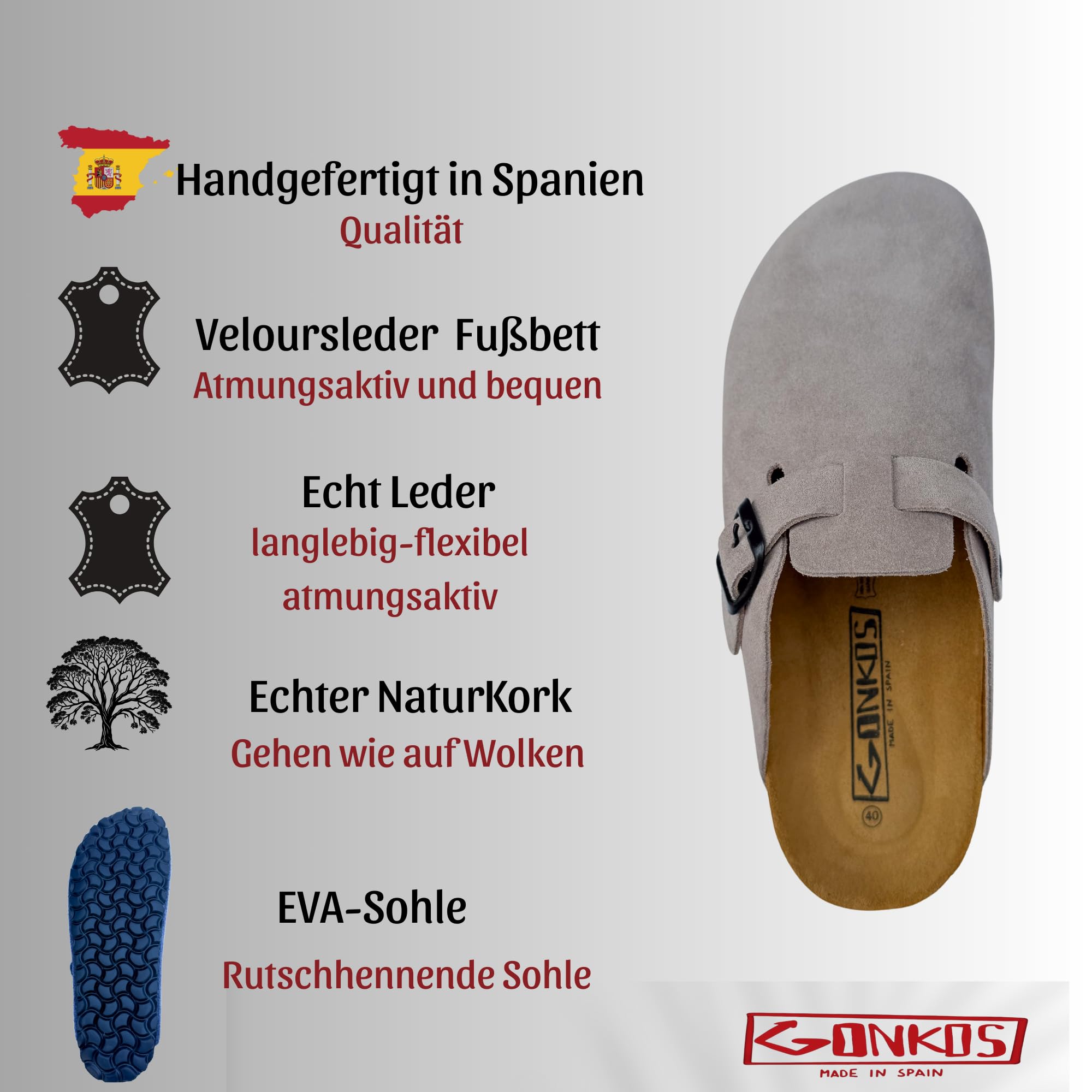 Lederclogs mit Kork Einlegesohle, Echtes Leder, Naturkork, verstellbare Schnalle am Fuß, Herren/Damen Sandalen, rutschfeste Eva-Sohle, Qualitätssandalen Made in Spain