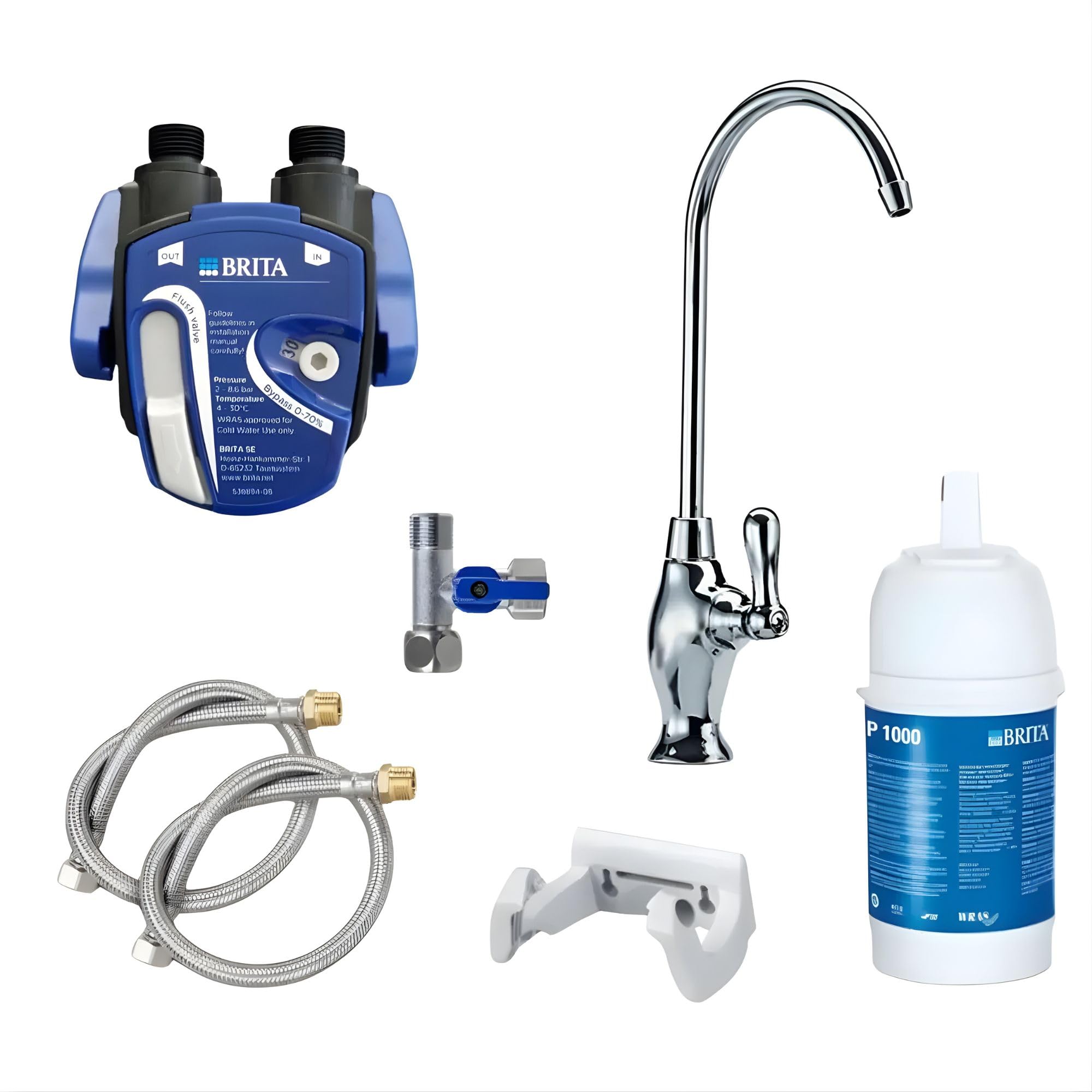 AORA | Système de filtre à eau sous évier avec robinet 1 voie | Compatible avec le filtre BRITA P1000 et la tête de filtre | Réduit le calcaire et améliore le goût | OSLO laiton chromé sans Digiflow