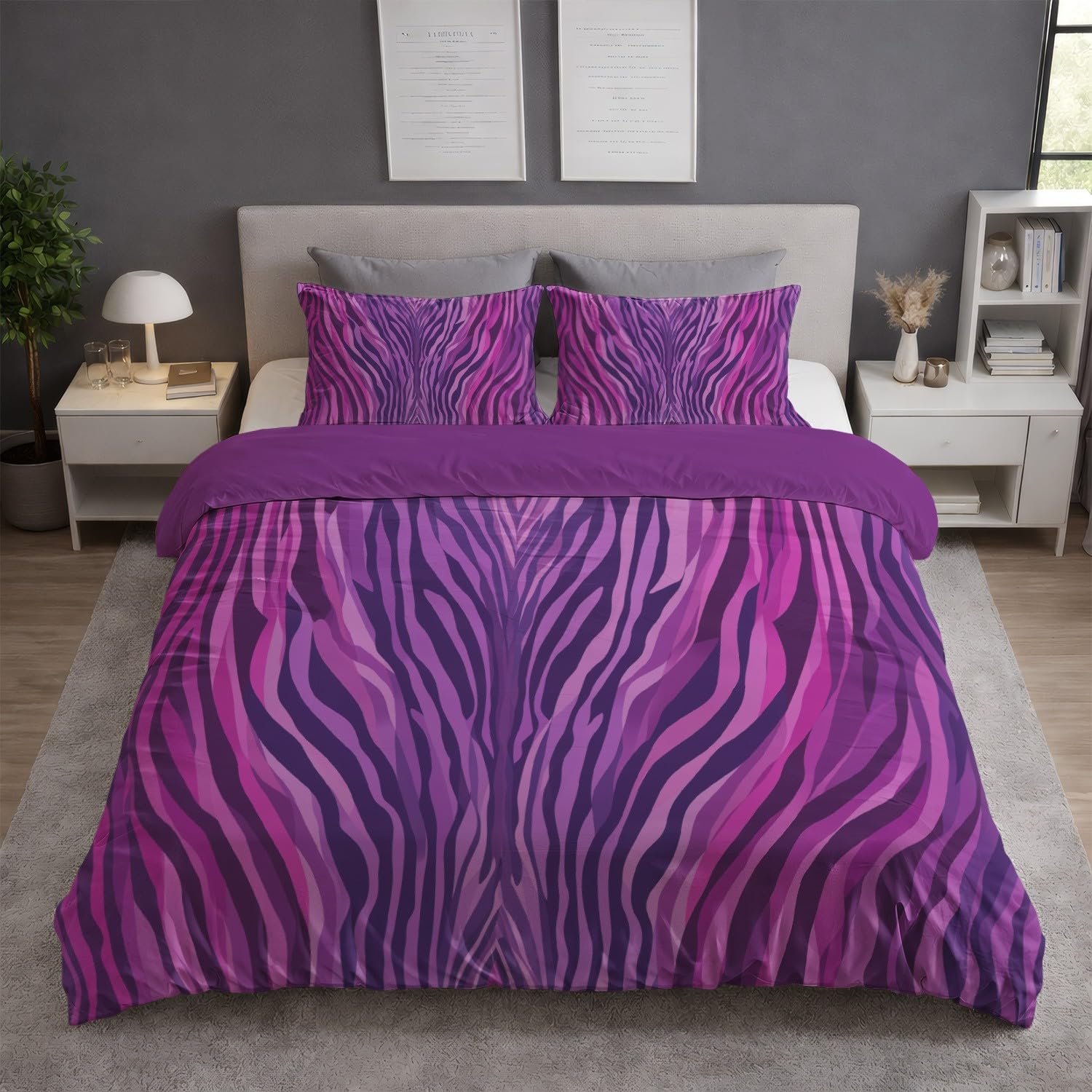 Generic Zestaw poszewek na kołdrę, elegancki, symetryczny nadruk zebry, super king, 293 x 236 cm, fioletowy abstrakcyjny zestaw pościeli 3-częściowy, miękka poszewka na kołdrę z mikrofibry dla dzieci