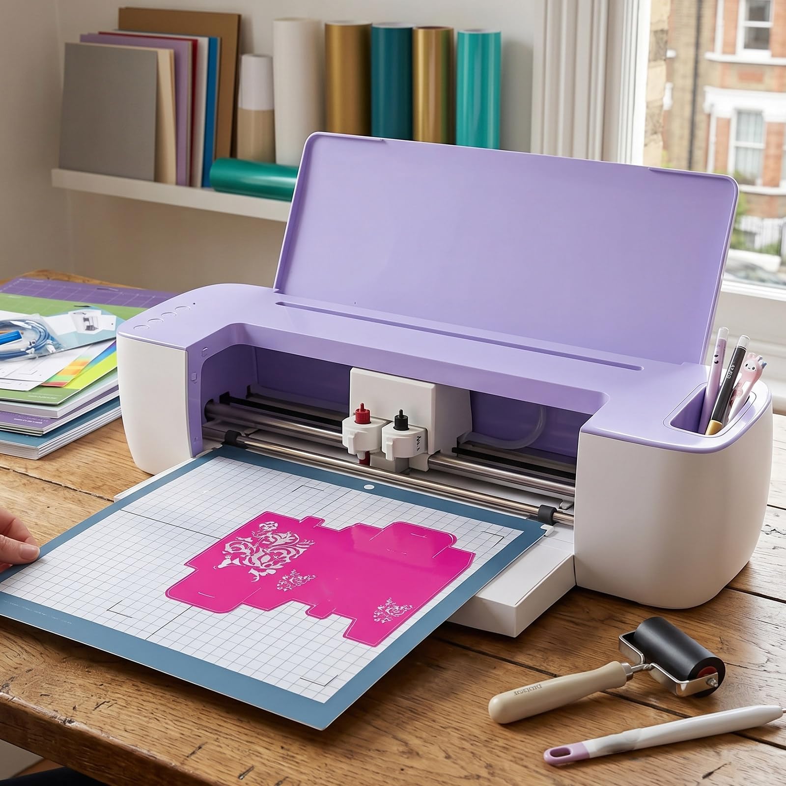 Automatic Plotter Cutting Machine mit Integriertem Werkzeug-Organizer und Geräteständer Intelligenter Desktop-Plotter für Scrapbooking Kartenherstellung Beinhaltet Stifthalter und Klingen Lila Farbe