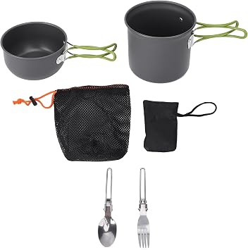 Camp Cooking Set Aluminum Alloy Pot, Spoon, Fork Kit with Green Handle, Camping Cookware Mess Kit with Carry Bag for 1 to 2 People