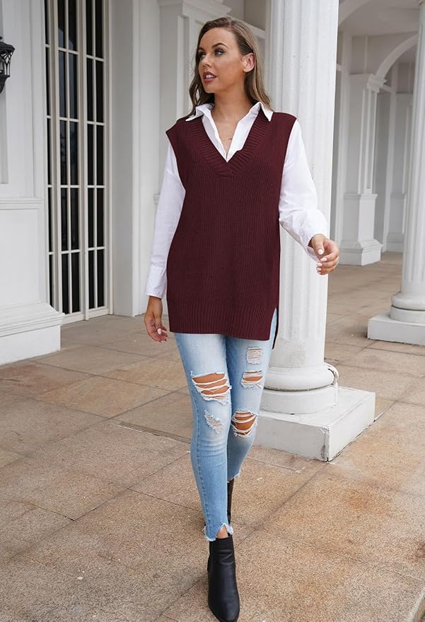 Shownicer Femme Gilet En Tricot À Col En V Débardeur Décontracté En Tricot Sans Manches Gilet Tricoté Géométrie Débardeur Décontracté En Tricot Pull De Loisirs Beige XS