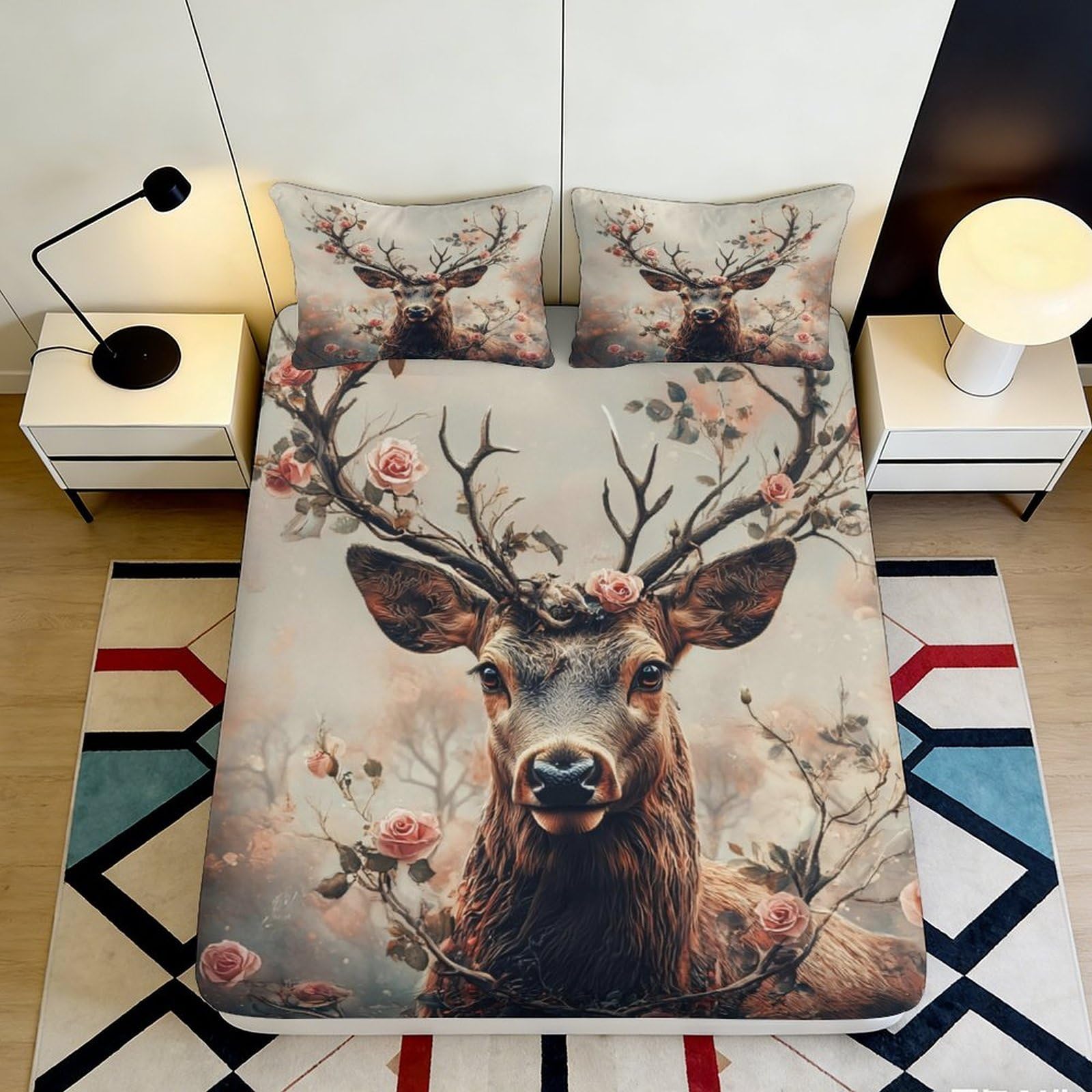 3D Printed Deer Antler Fitted Sheet Microfiber Soft Breathable Floral Forest Mattress Cover Bedroom Decor 90x200x25cm