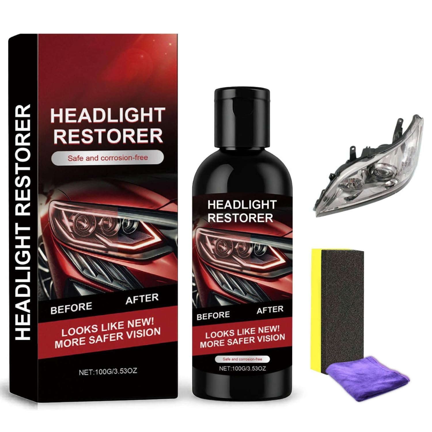 Car Headlight Restoration Kit – Clears Scratches, Dirt & Oxidation for Crystal Clear Headlights, Easy to Apply, Long-Lasting Shine,100ml Cleaner with Sponge & Cloth