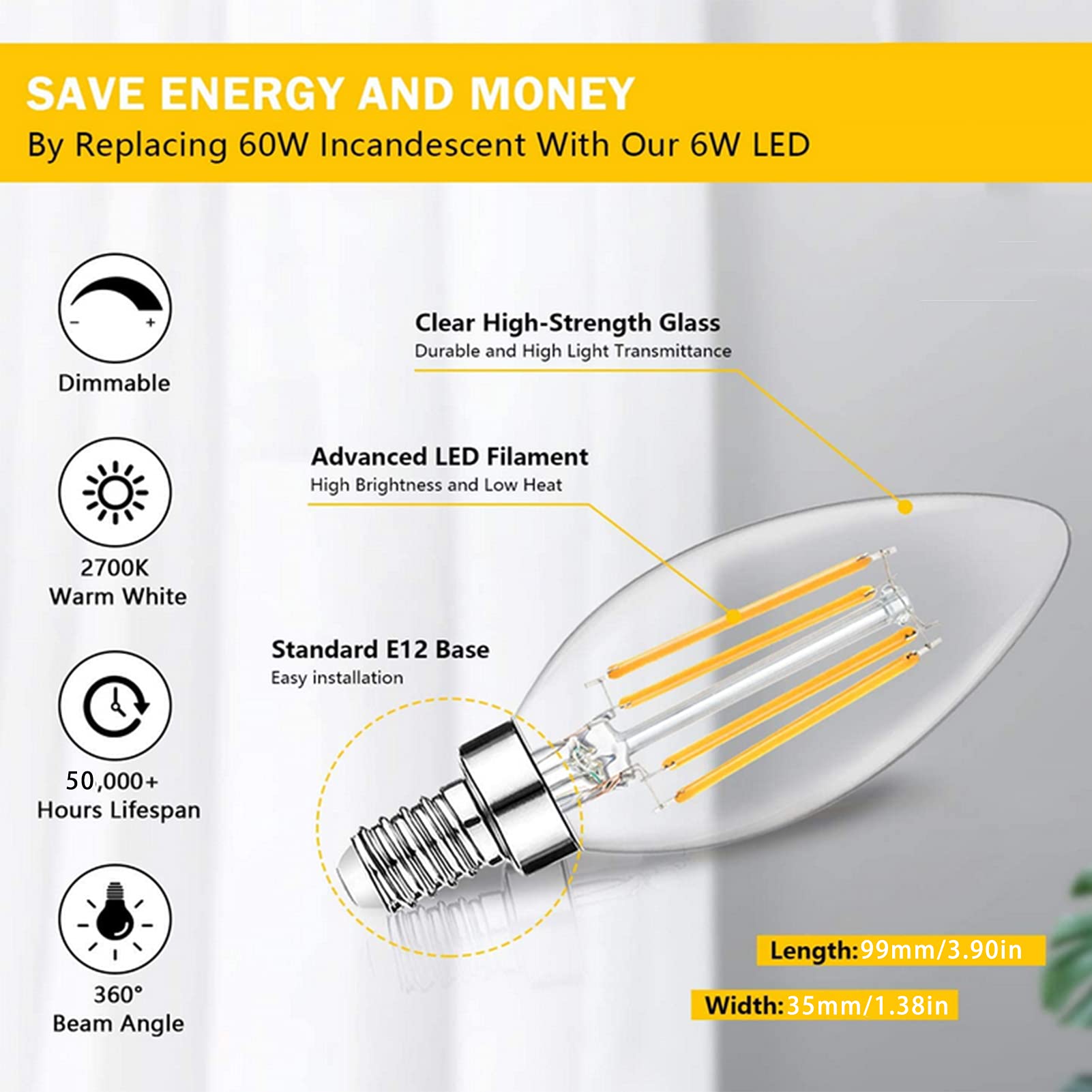 Lampadina a candelabro LED dimmerabile 4 W, equivalente a 40 W 400 lm, Lampadine a candelabro con filamento LED Base E12, Lampadine decorative a candela C35 in vetro trasparente Edison antico, Confez