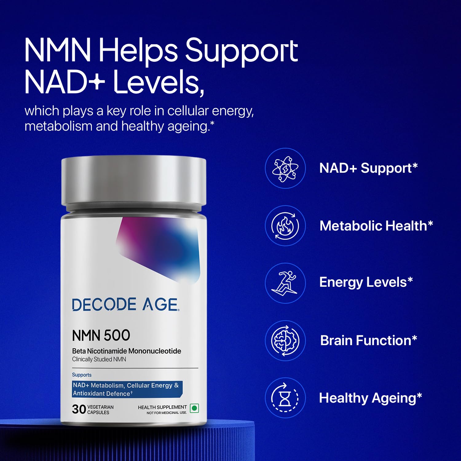 NMN Supplement 500mg | 99% Pure NMN for Anti-Aging, NAD+ Boost & Cellular Energy | High Absorption Nicotinamide Mononucleotide | Longevity & DNA Repair Support | Decode Age 1