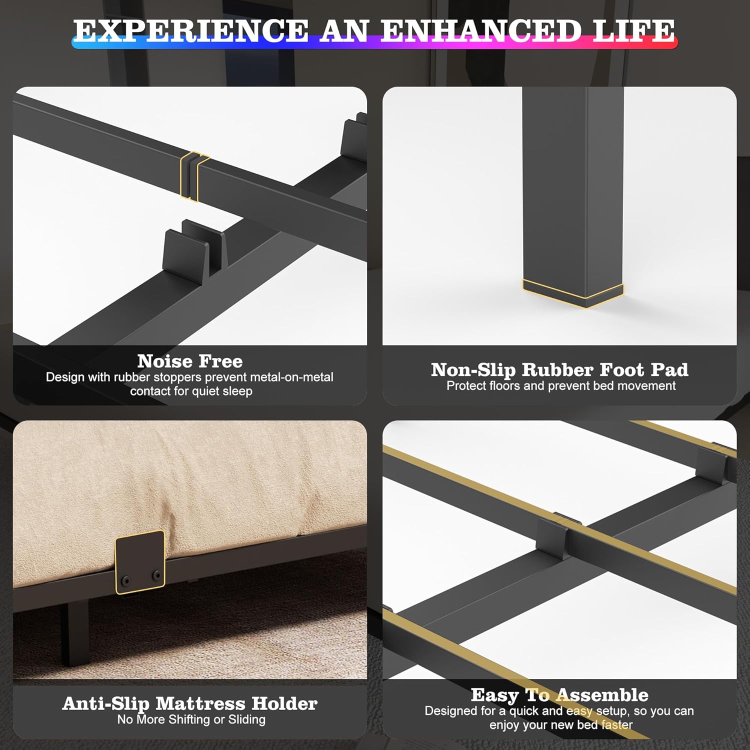 King Floating Bed Frame with LED Lights, Heavy Duty Metal Platform Bed with Anti-Slip Mattress Holder, Easy Assembly, No Box Spring Needed, Noise Free for Bedroom