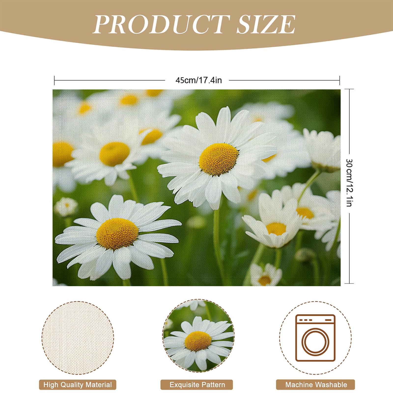 30×45cm Tovaglietta Americana Fiori eleganti in Cotone Lino Rettangolare - Tovagliette Set di 8 Campo di margherite bianche Resistente al Calore per La Cucina, Il L'Ufficio