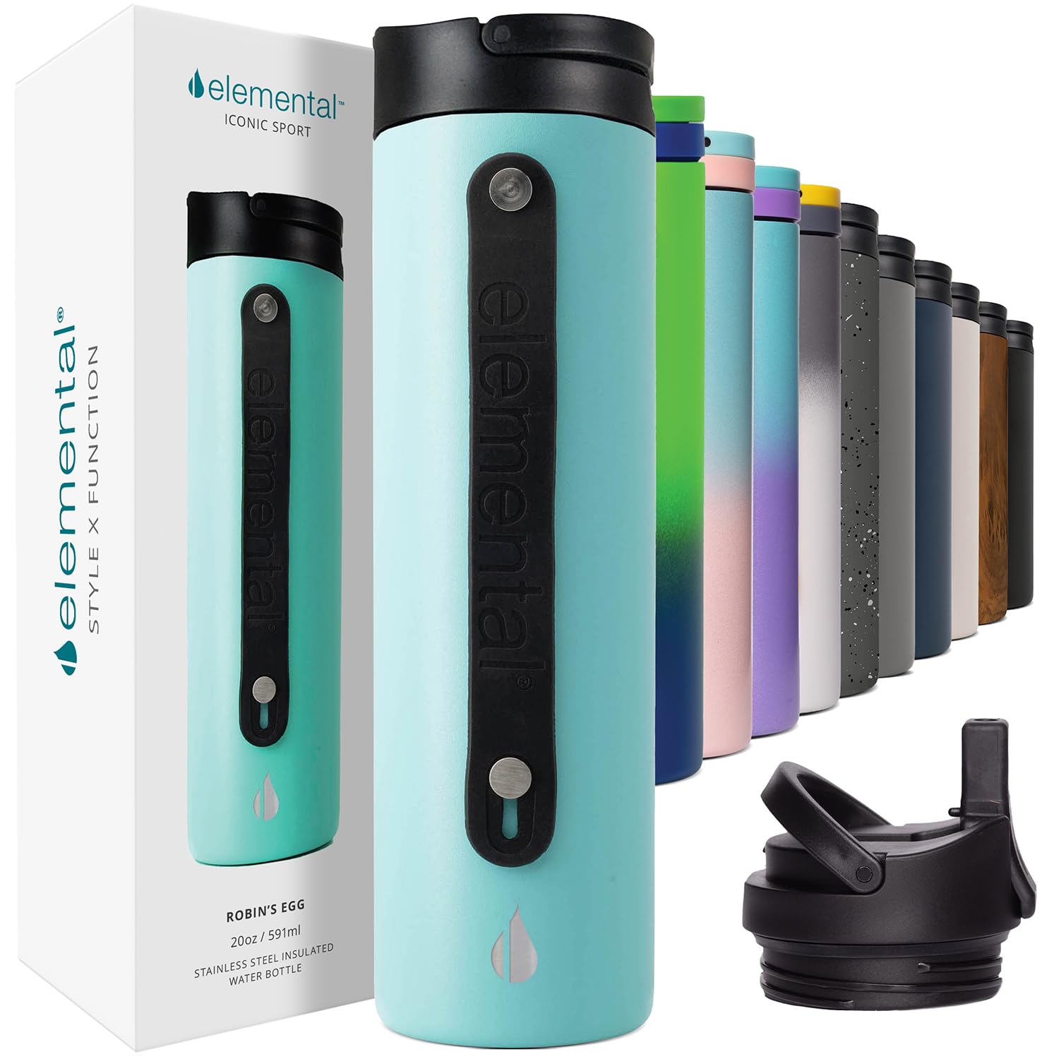 Elemental Iconic Stainless Steel Water Bottle with Straw - 20 oz Leak Proof Triple Wall Insulated Water Bottles for Travel and Sports - Reusable Gym