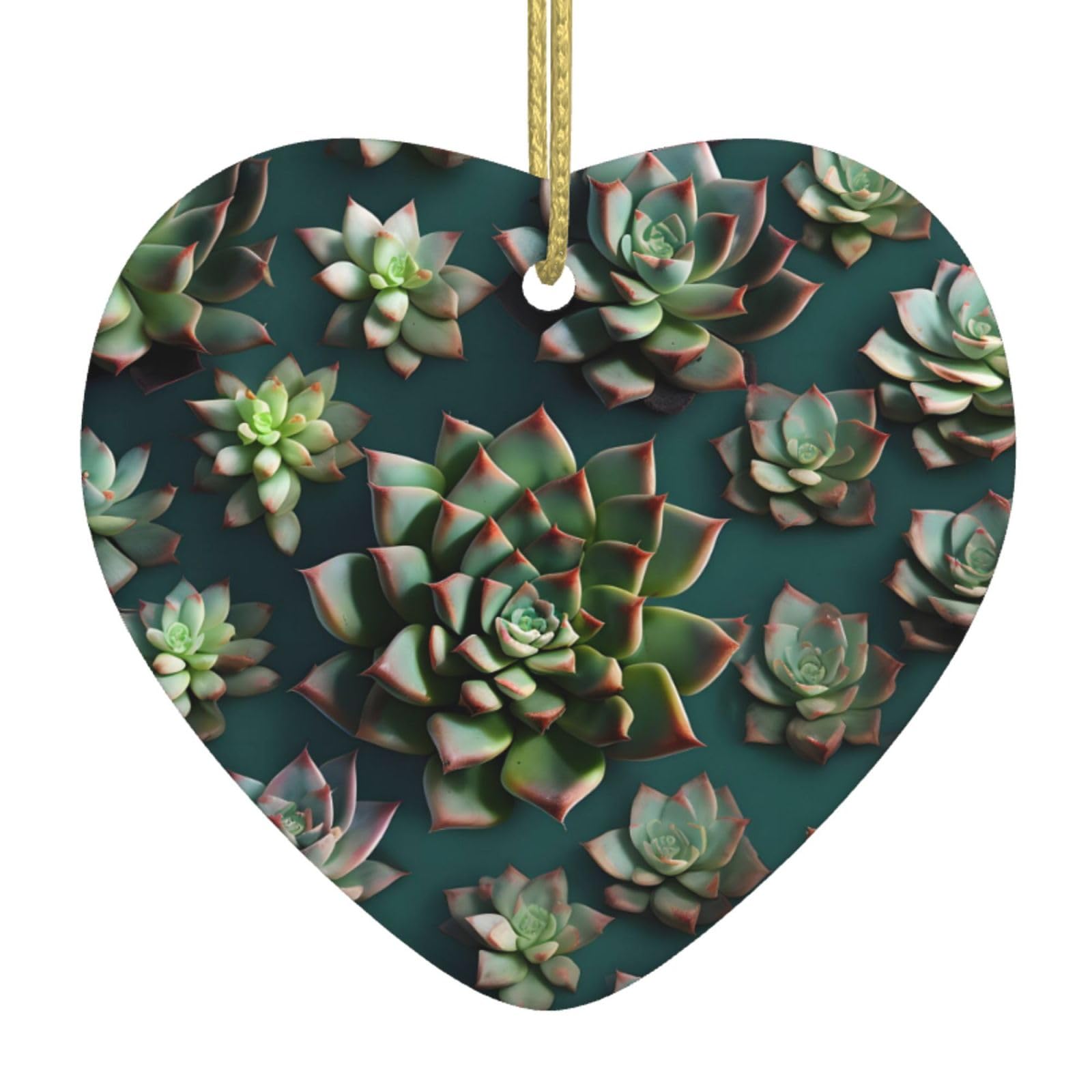 Many Succulents Ceramic Christmas Heart Pendant with Silk Thread, Christmas Tree Home Decoration