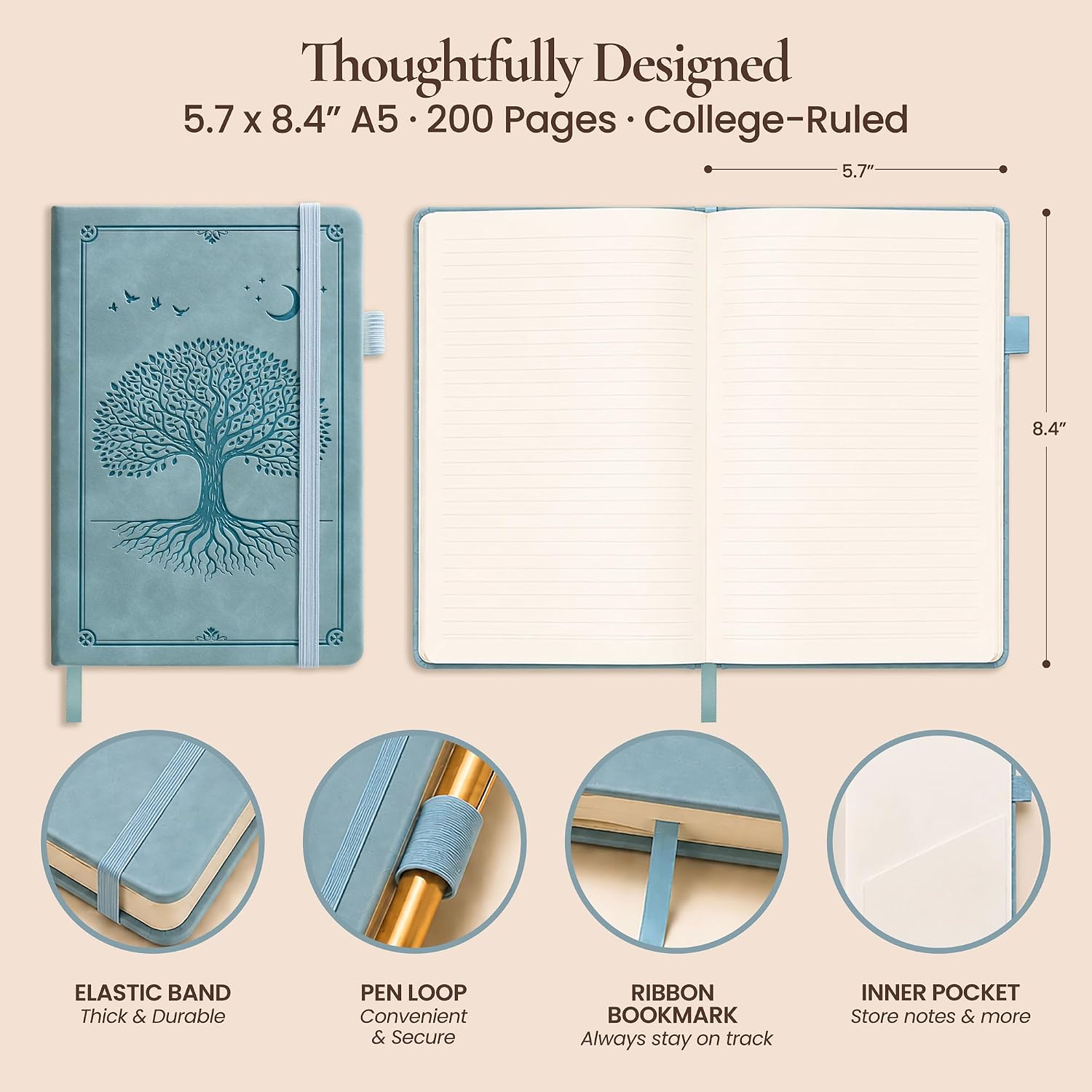 Lined Journal Notebook Hardcover Leather Bound 200 Pages A5 Blue Diary image 3