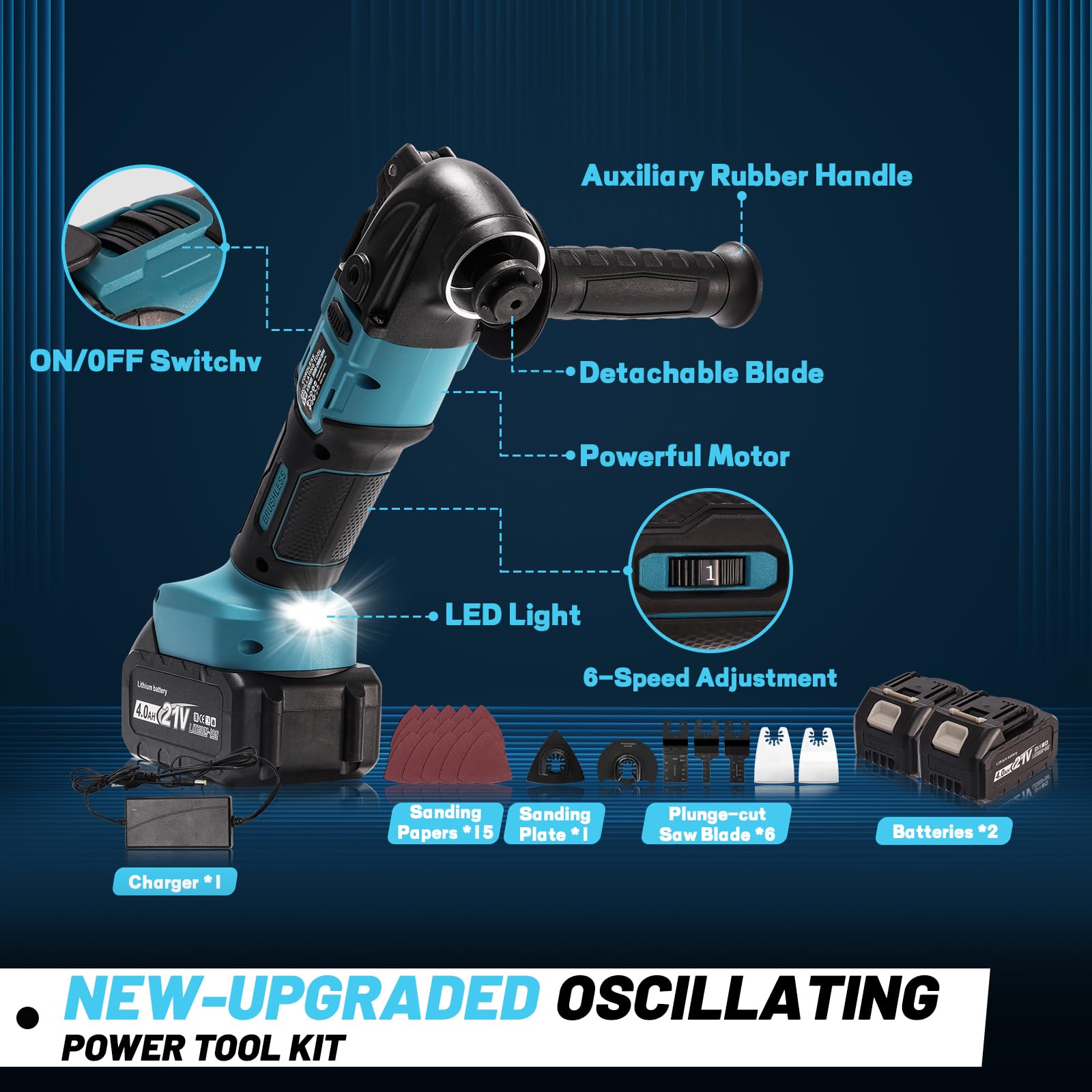 YEARTOP Outil Multifonctions Oscillant Sans fil avec 2 Batteries 21V 4000mAh, Outil Multifonction Brushless 600W, 6 Vitesses (8500-20000 tr/min), Angle 4°, Chargeur et 26 Accessoires