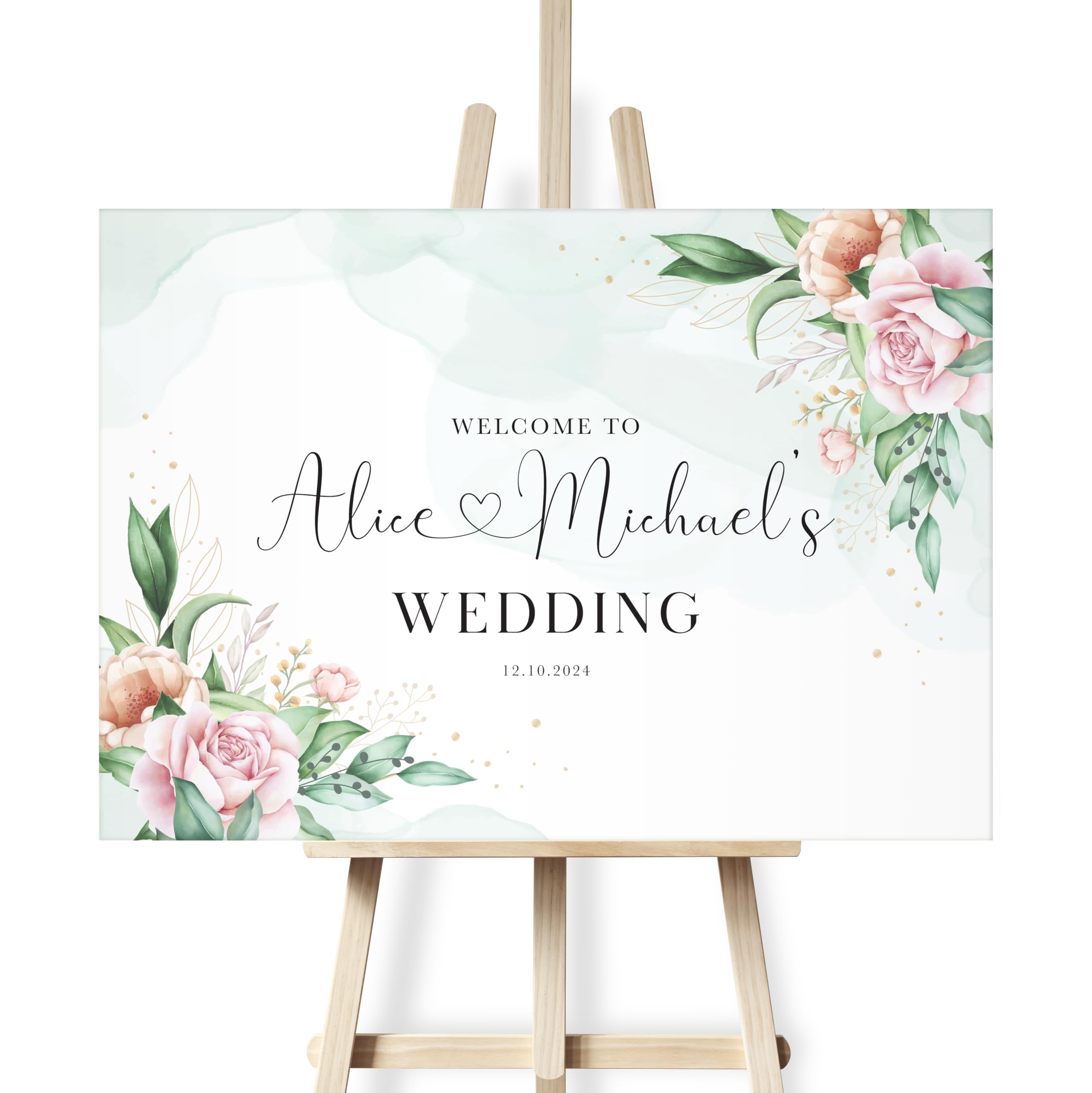 Wedding Welcome Signs - Various Designs - Sizes A1, A2 & A3. Foam Board, Canvas & Paper Versions. Pink & Orange Floral Welcome Sign Green Leaves (Design 13)