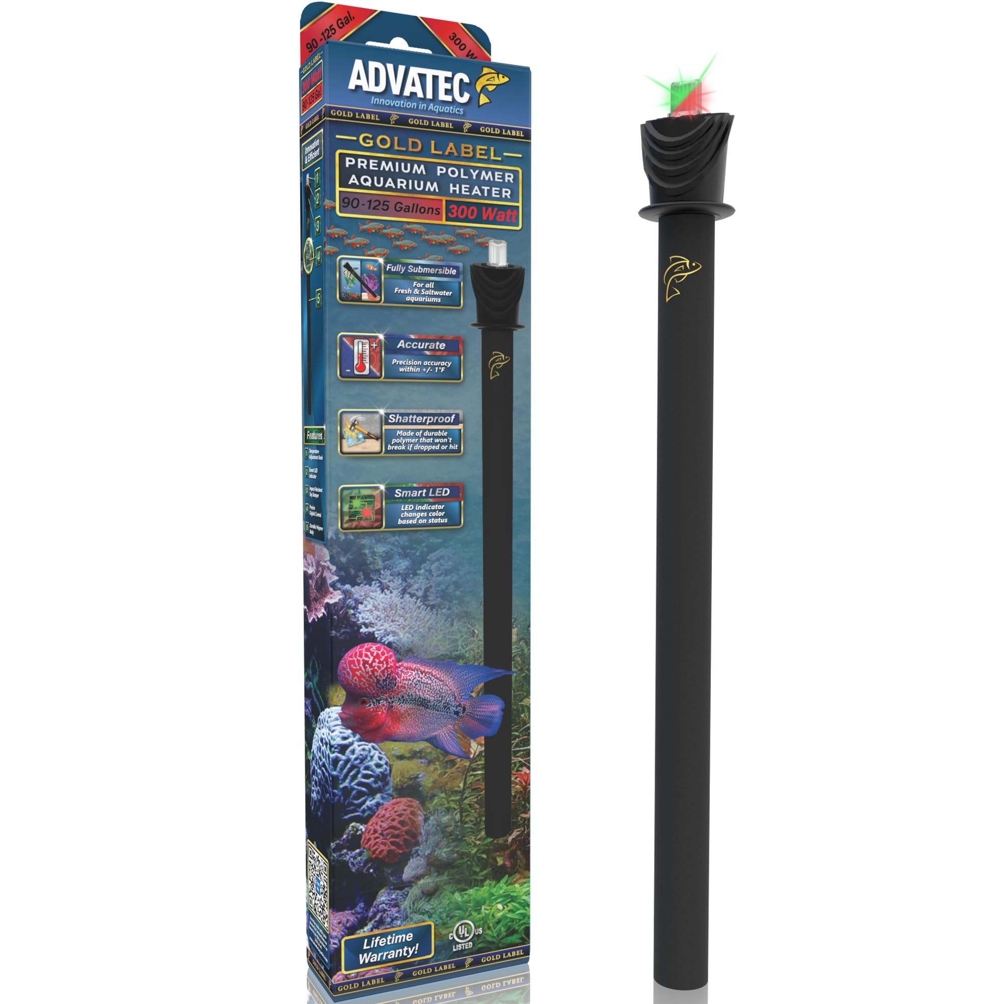 Calentador de acuario de polímero premium con sistema avanzado de control de temperatura LED, para acuarios de agua dulce y salada (300 vatios/90-125 galones)