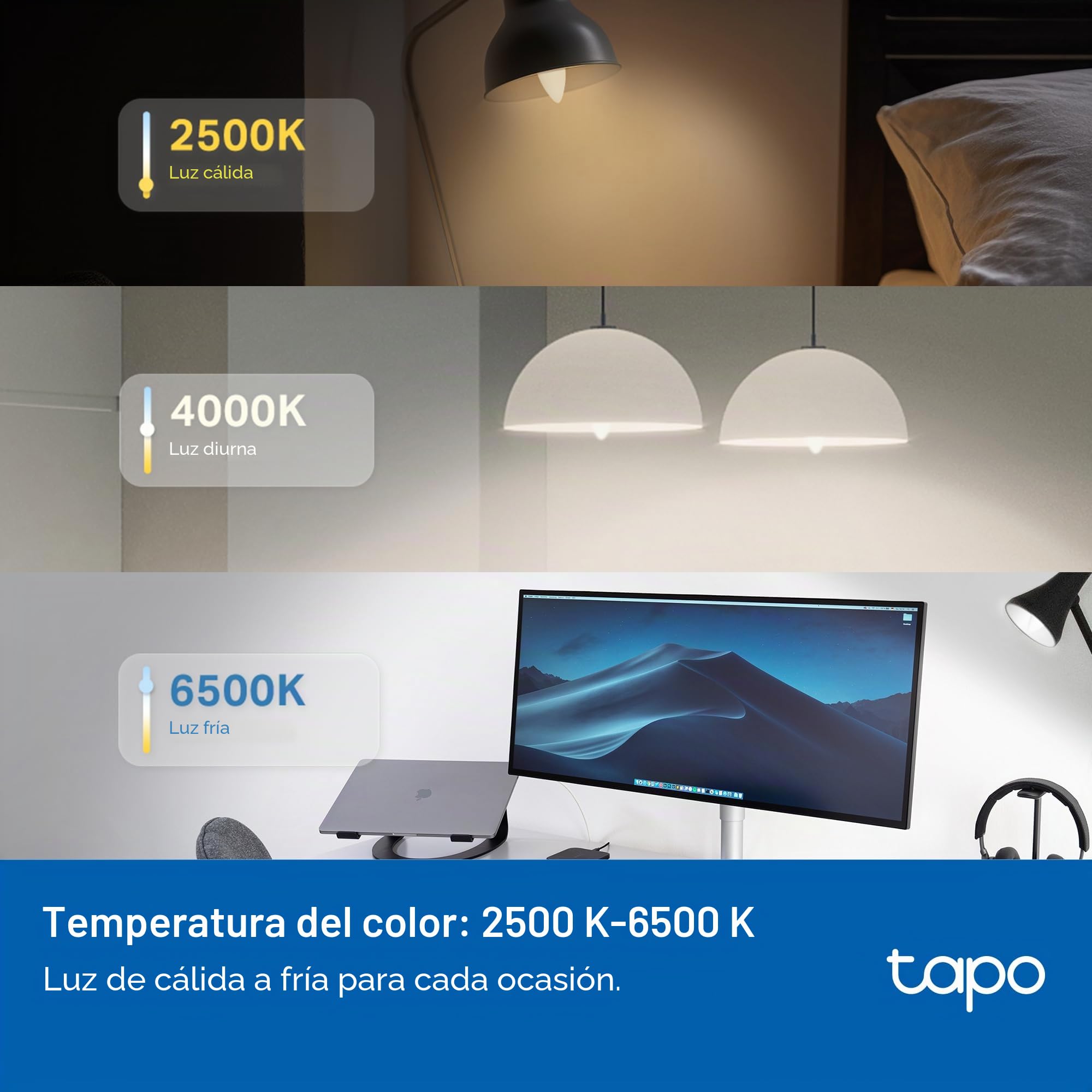 Tapo Bombilla conectada WiFi, Bombilla LED E14 Multicolor 2500K-6500K, regulable 40W 470Lm, funciona con Alexa, control de voz, ahorro de energía, L430C.