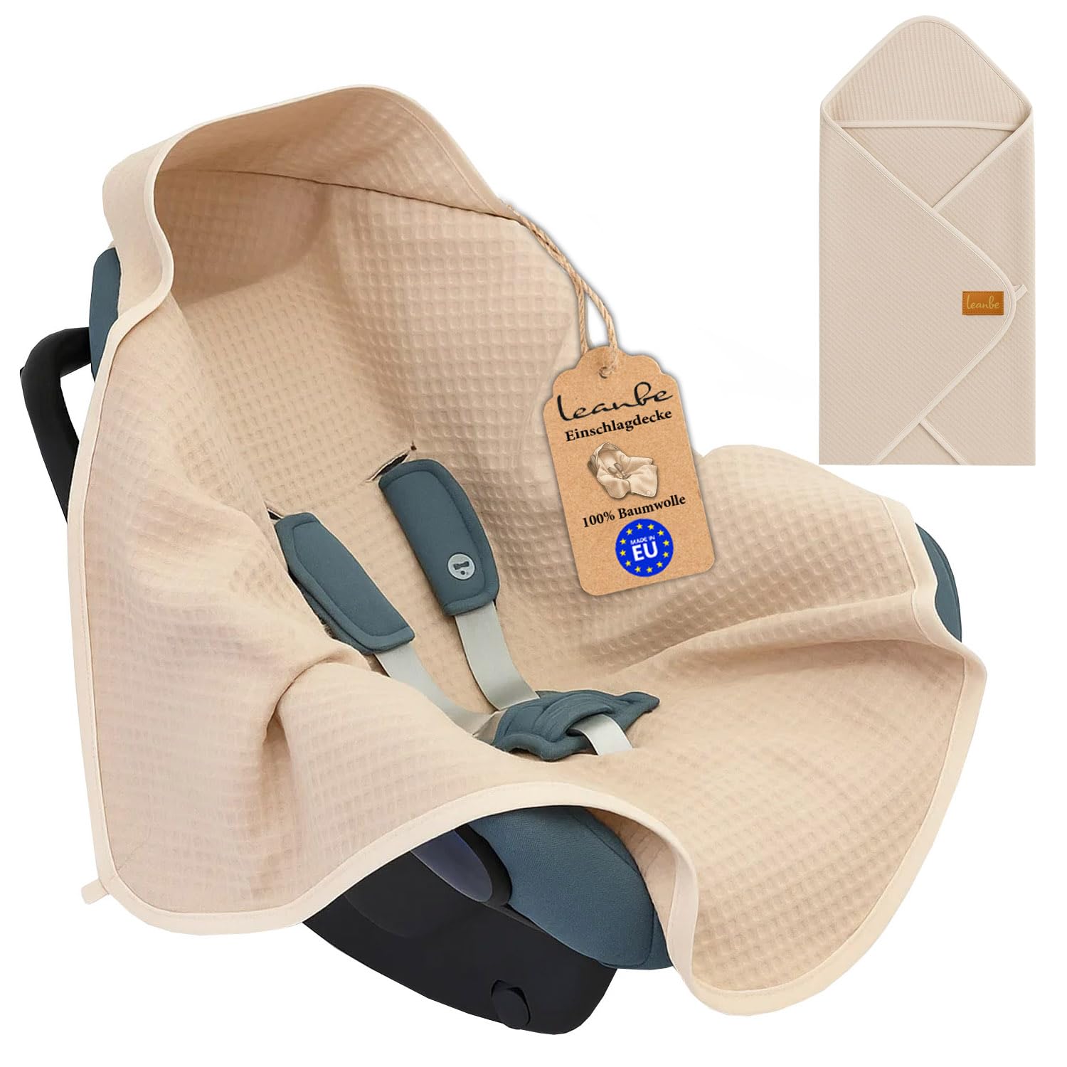 Einschlagdecke aus Waffelstoff für den Sommer 100% Baumwolle Babydecke für Autositz Kuscheldecke Kinderwagedecke Für Kinderwagen Buggys 3 Punkt Gurt (Beige)