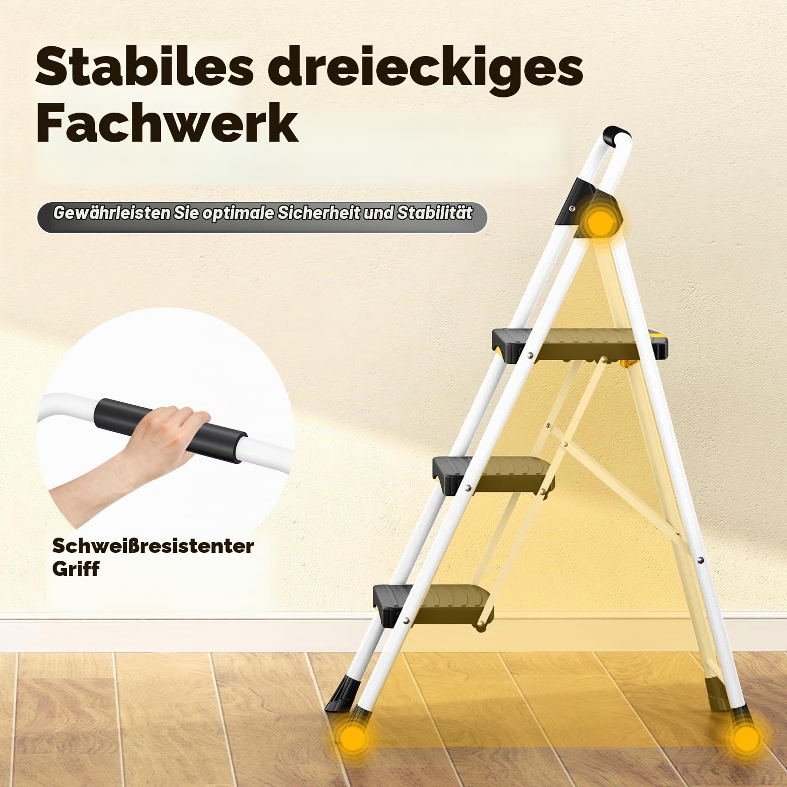 Urackify Trittleiter 3 Stufen Leiter Klappbar, Hochbelastbar bis 150kg, Sicherheitsschloss, rutschfeste breite Pedale, Handlauf, Kompakte Haushaltsleiter Stufenleiter für Haushalt, Küche, Büro, Weiß | Sicherheitsschloss, rutschfeste, breite Pedale, Handla