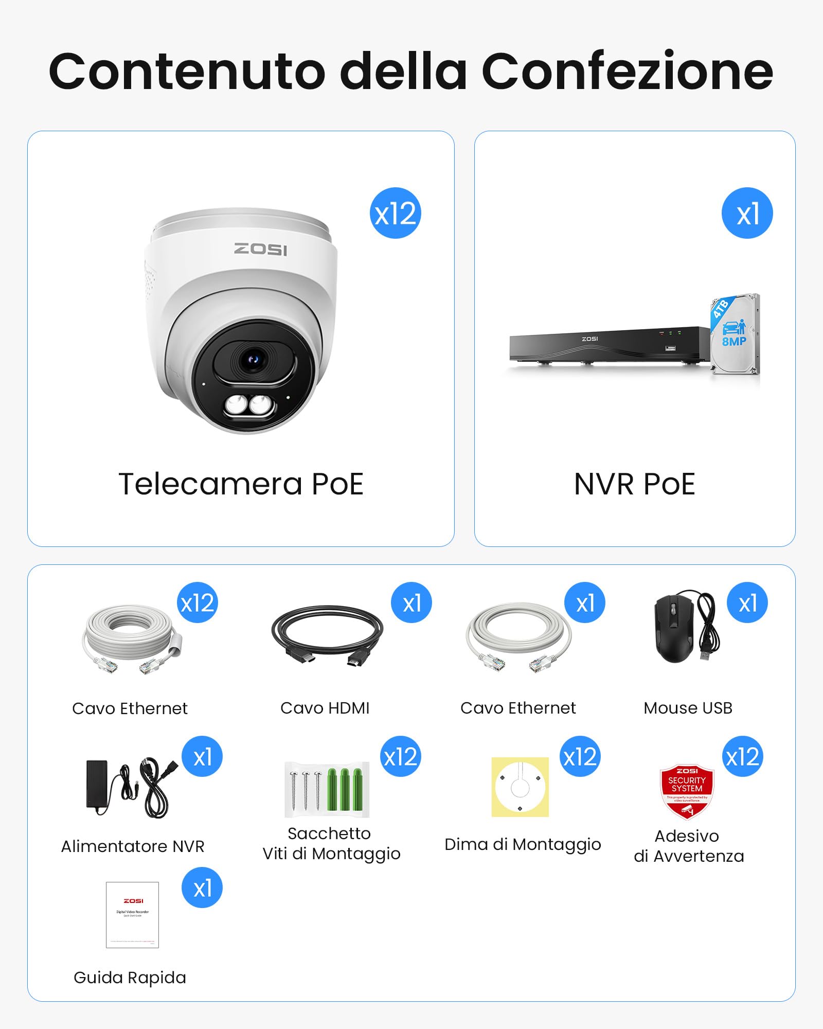 ZOSI 4K 8MP Kit Telecamera di Sorveglianza Esterna PoE, 12x 8MP Telecamere, NVR 16CH Espandibile a 32CH, Rilevamento Persone/Veicoli, Audio Bidirezionale, Visione Notturna da 30m, Impermeabile IP66