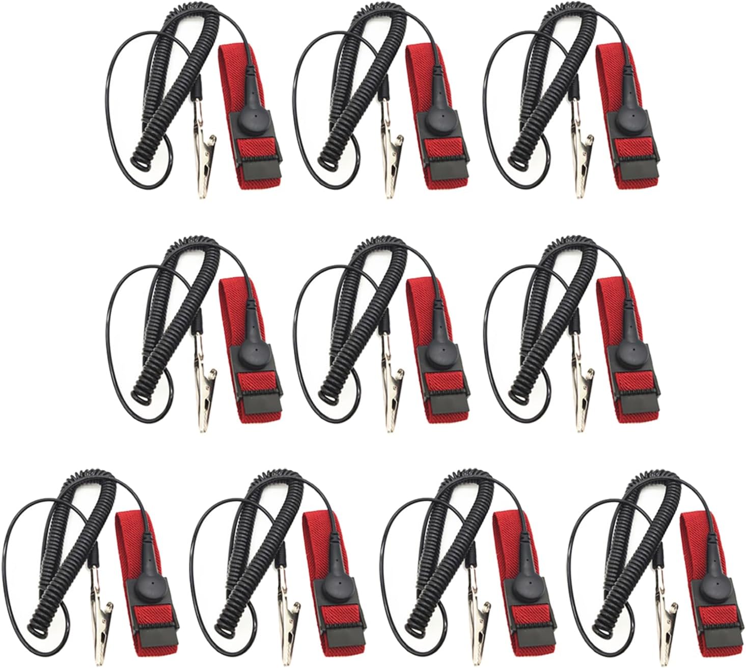 10 Pack ESD Wrist Strap with Grounding Plug, Adjustable Coiled Cord (Red)