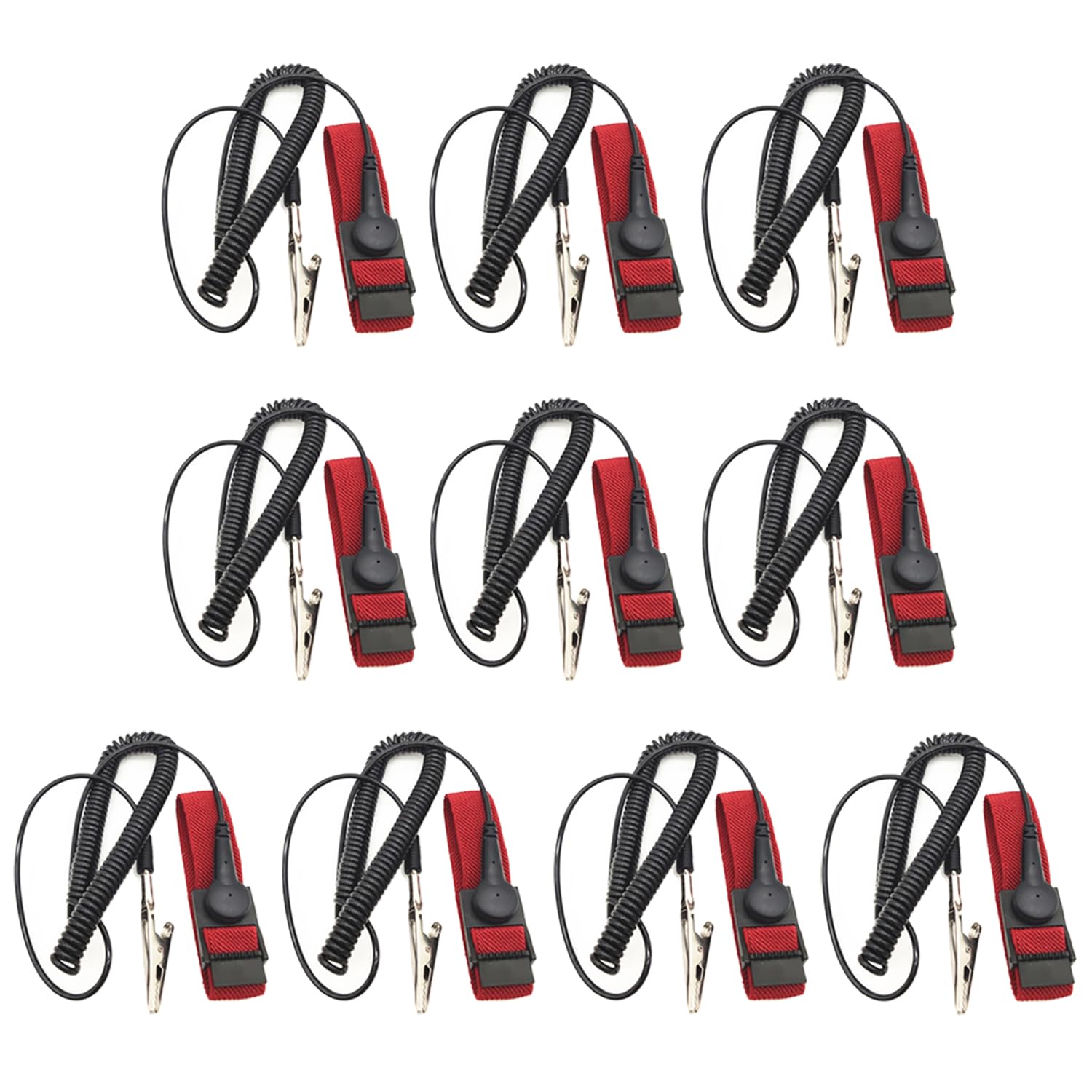 10 Pack ESD Wrist Strap with Grounding Plug, Adjustable Coiled Cord (Red)