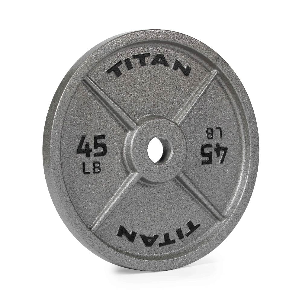 Titan Fitness 45 LB Cast Iron Olympic Plate, Sold Individually, Classic Weight Plate Design, Silver Hammer Finish