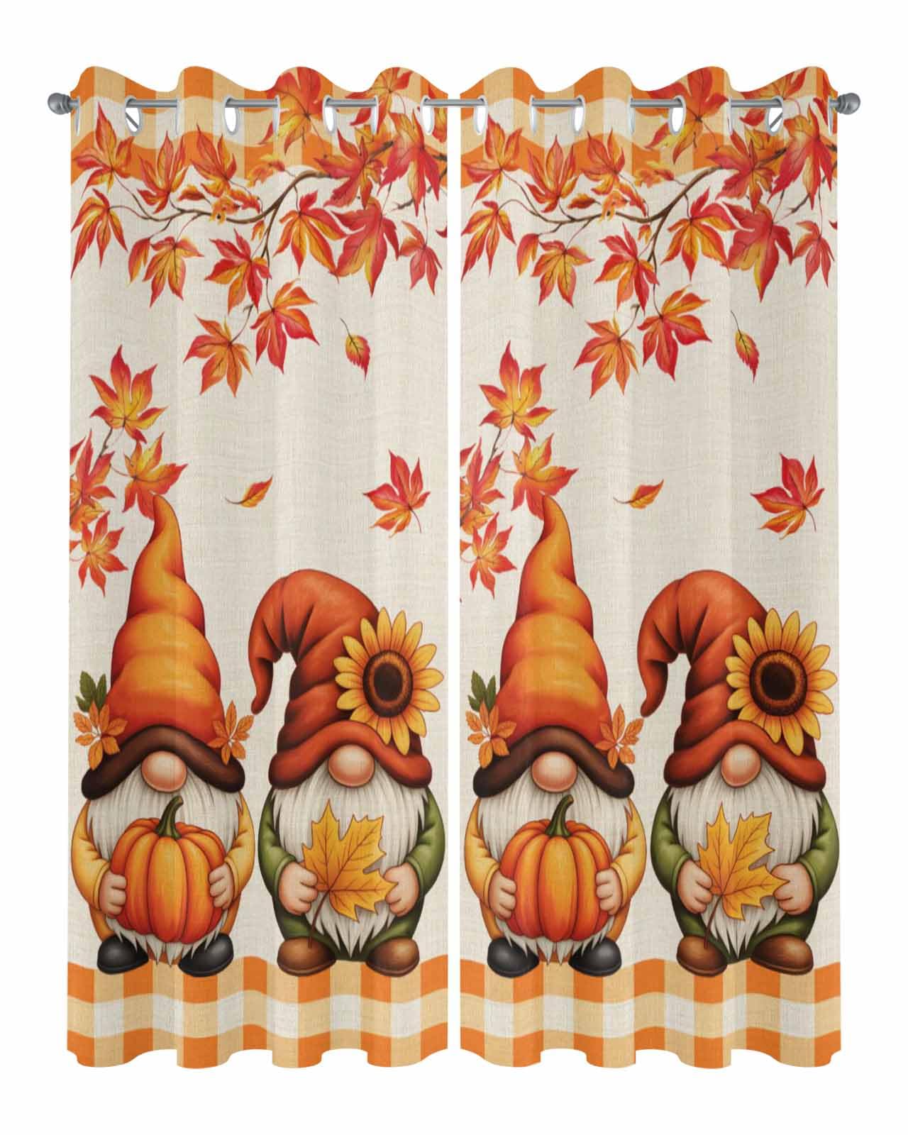 Waterproof Outdoor Curtains for Patio Porch, Country Gnome Fall Maple Leaves Grommet Curtain Panel Windproof Outside Curtains Tieback, Pastoral Pumpkin Sunflower Weighted Window Treatment Drapes