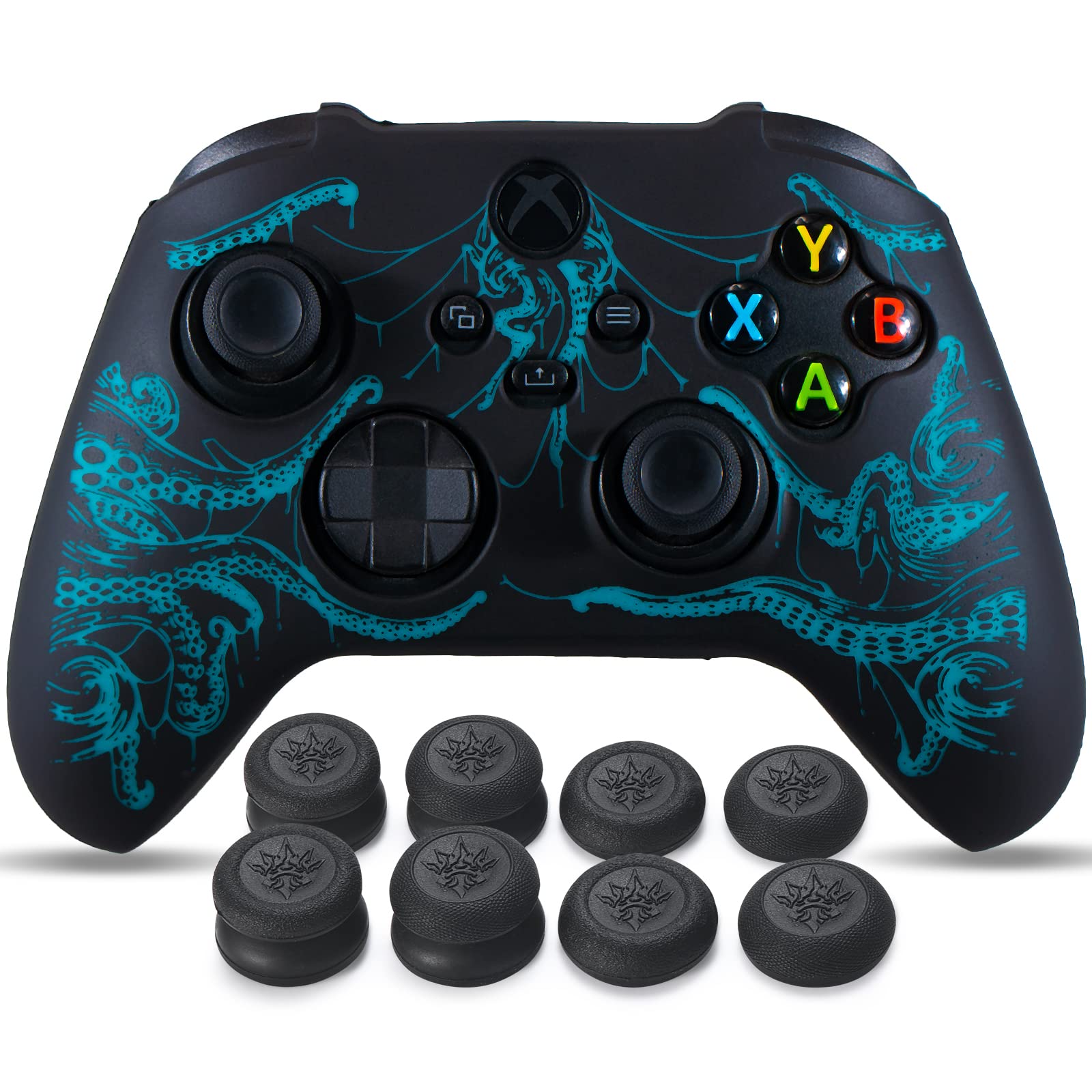 YoRHa Silicone Rubber Back Dots Carving Customizing Skin Cover for Xbox Series X/S Controller x 1(BH Green) with Pro Thumb Grips x 10 — view 11