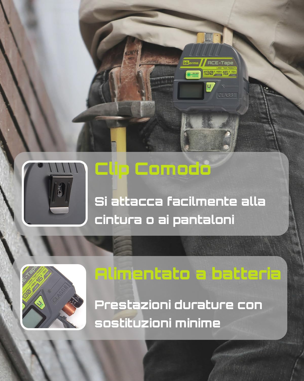 Metro a Nastro Laser 2-in-1, Inkerma Strumento di Misurazione Laser 130Ft/40m & Metro a Nastro 16Ft/5m, Misuratore Laser Digitale con Display LCD, Unità M/In/Ft/Ft+In, Nastro Auto-bloccante