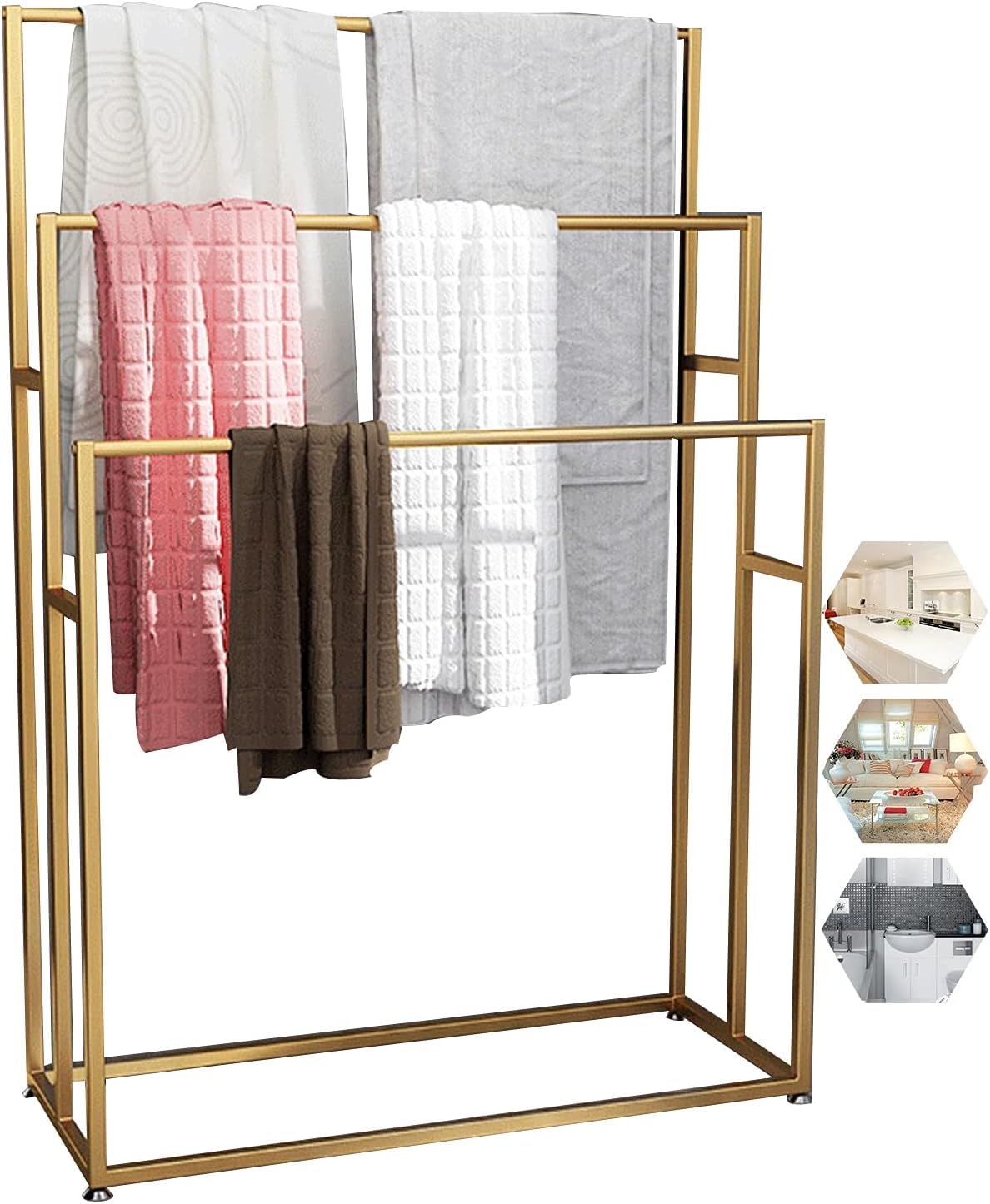 Dkrahrjj D Krahrjj Free-Standing Towel Rack, 3 Tier Metal Bath Towel Holder, Towel Rying Rack For Rying Towels, Clothes An Quilts