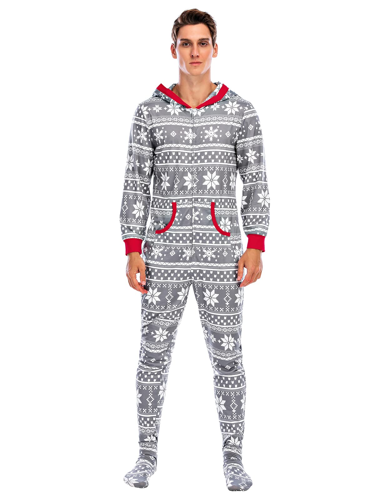 VeseackyMatching Family Christmas Onesie Pajama Set Zipper Front Hooded Footed One-Piece Pjs Loungewear Sleepwear