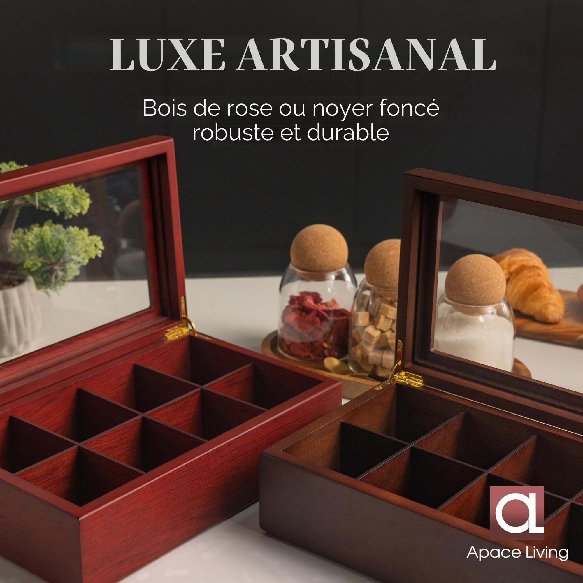 Apace Living Premier Collection Boîte à thé en bois avec 8 compartiments réglables et fenêtre résistante aux rayures