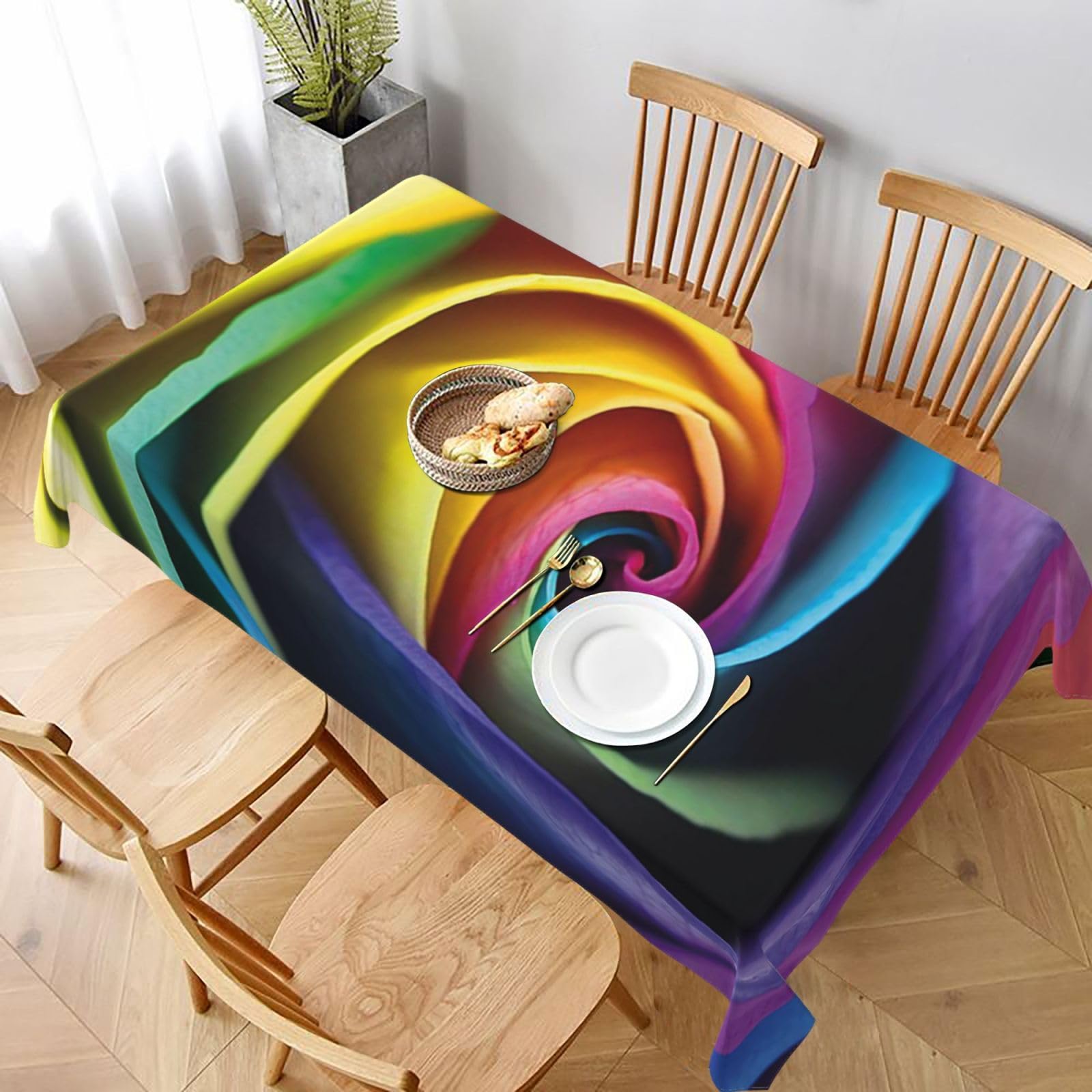 BNVSADC Rainbow Rose Flower Printed Rectangle Tablecloth 228x152 CM, Water Resistant Polyester Table Cloth Decorative Fabric Table Covers for Kitchen Dining Table Parties Camping