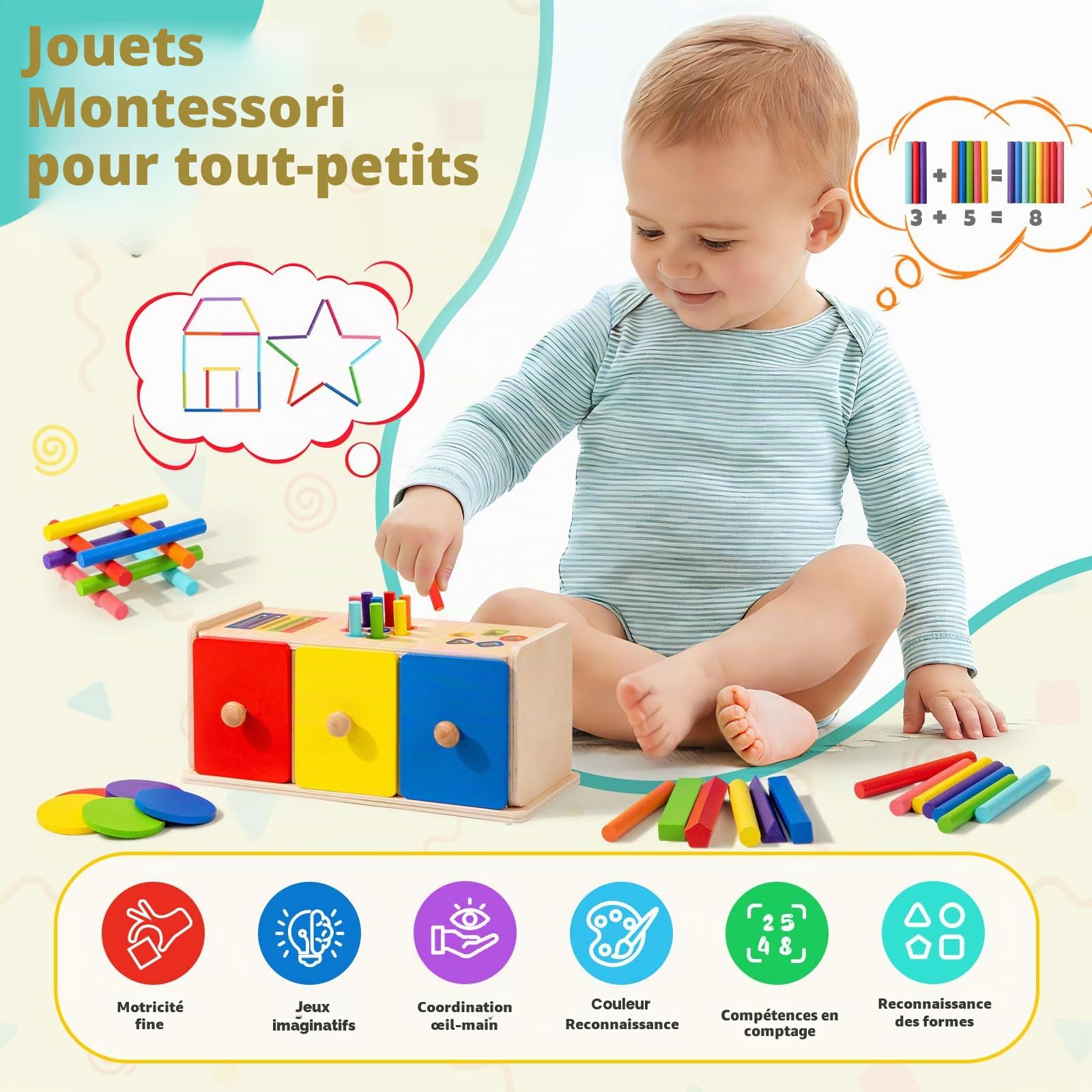 Jeux Montessori 1 2 3 Ans, 3 en 1 Jouet Enfant Bébé 1 2 3 Ans Jeu Educatif en Bois Tiroir Apprendre Les Couleurs Forme, Jouet Montessori Cadeau Fille Garçon 12 3 Ans Anniversaire Pâques Noël
